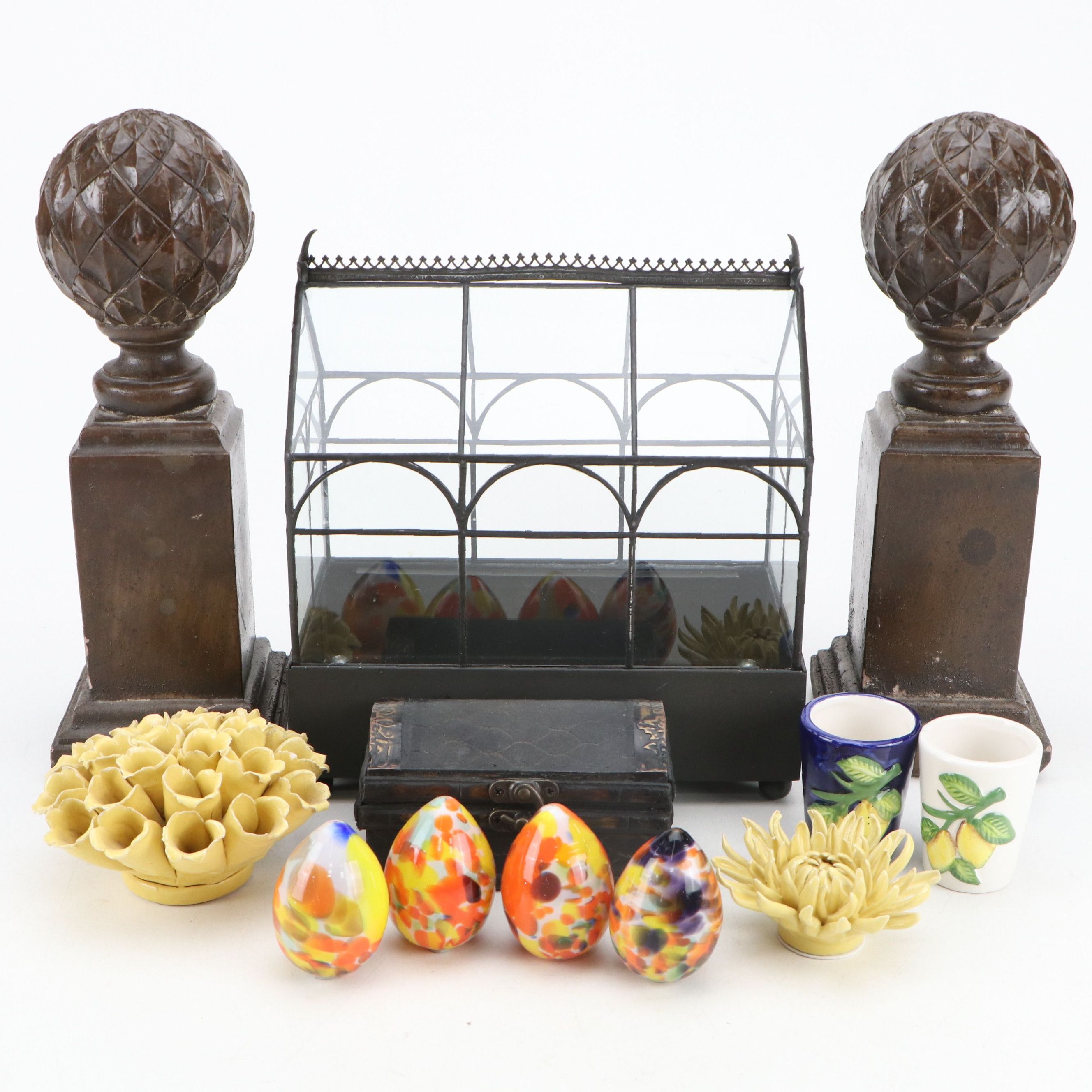 Victorian Style Glass Terrarium with Artichoke Finials and Other Décor