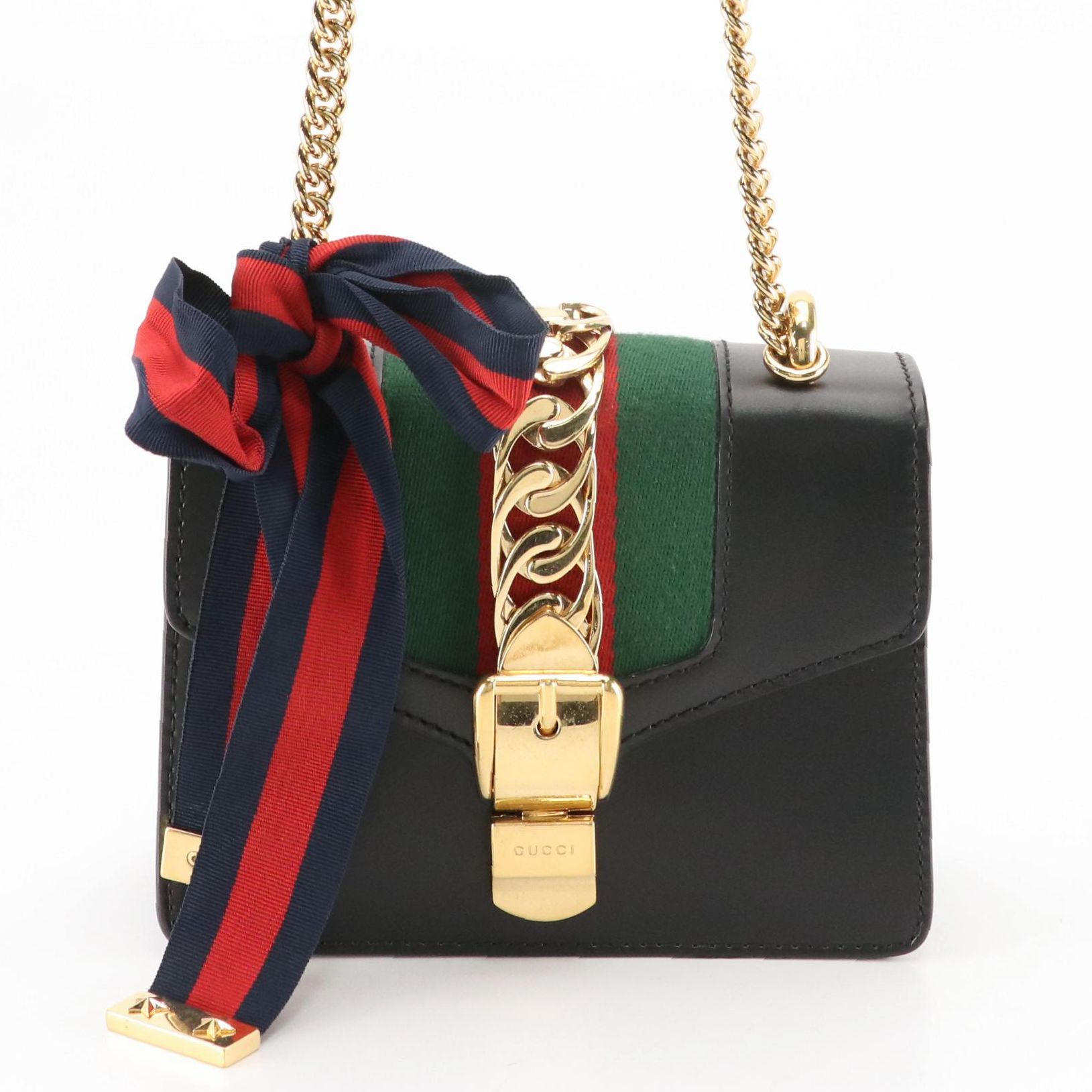Gucci Mini Sylvie Two-Way Bag in Web Striped Black Calfskin Leather