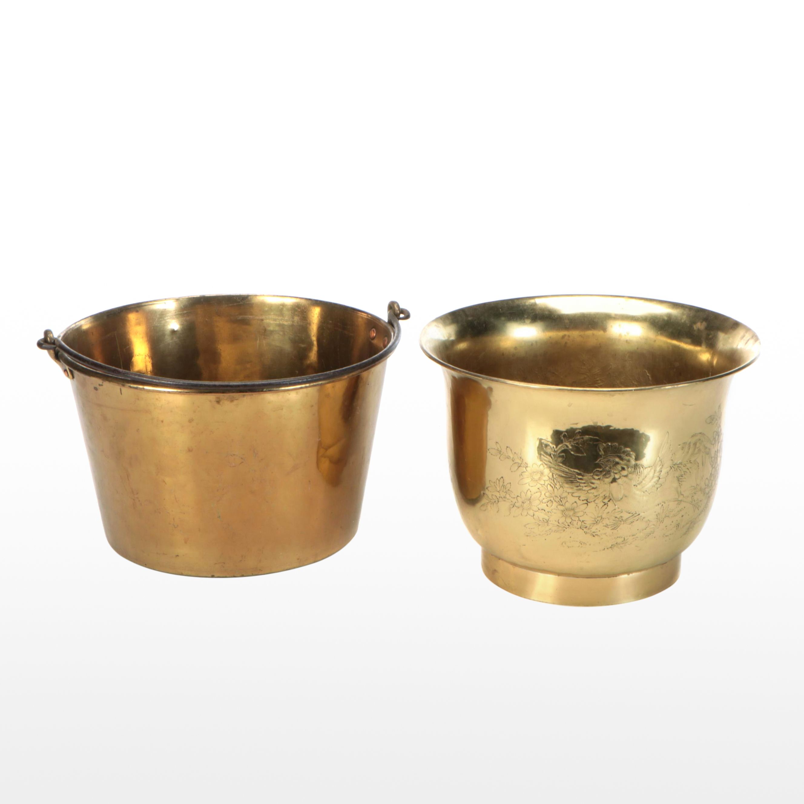 Etched Rooster and Other Brass Buckets