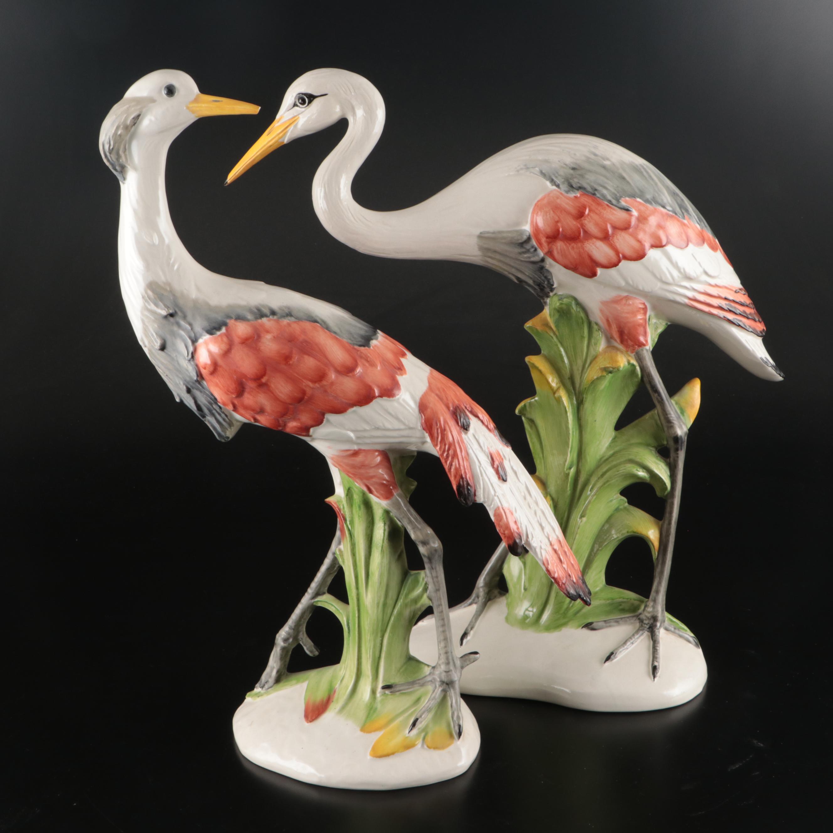 Italian Hand-Painted Porcelain Crane Figurines