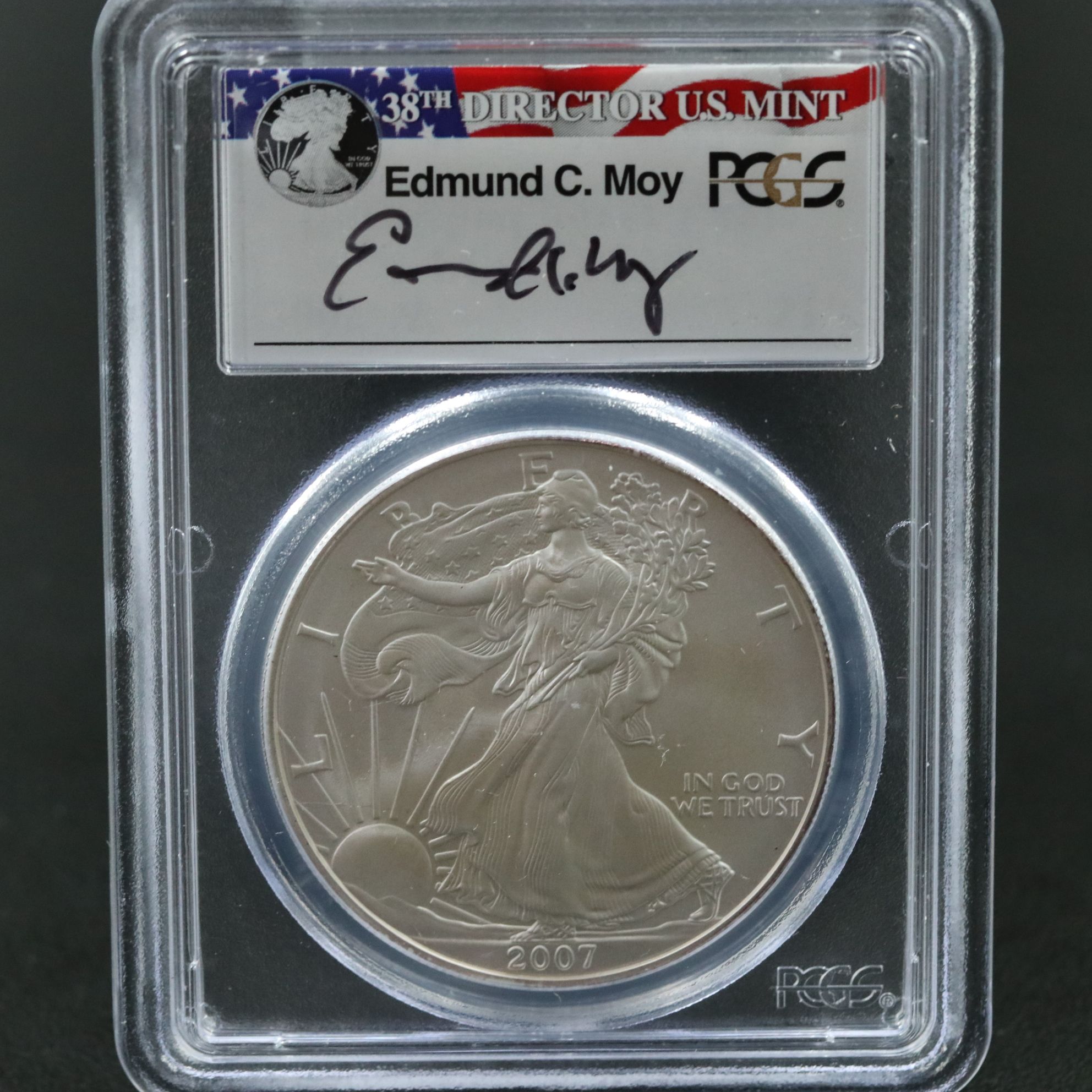 PCGS Graded SP70 Burnished 2007-W $1 U.S. Silver Eagle Signed by Moy