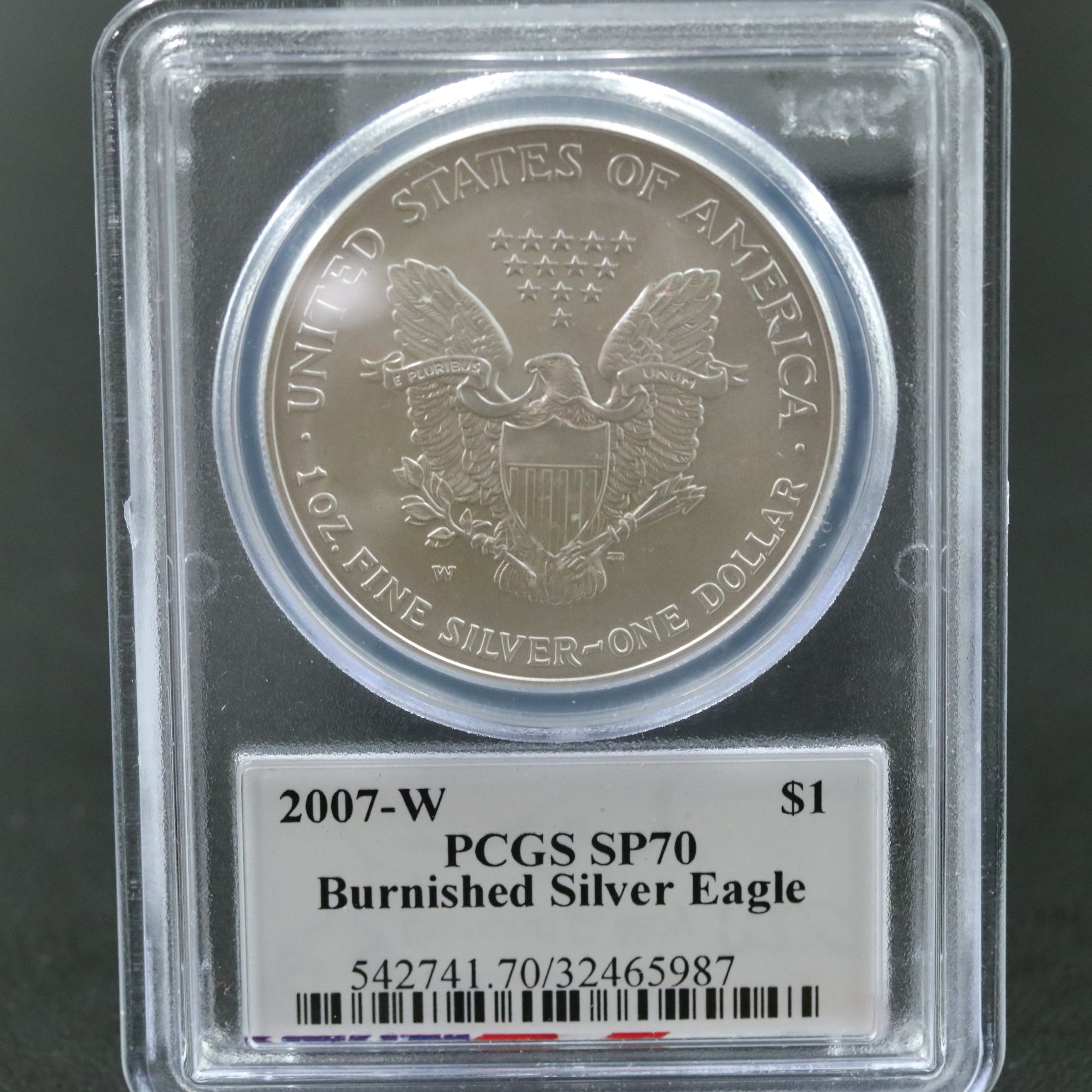 PCGS Graded SP70 Burnished 2007-W $1 U.S. Silver Eagle Signed by Moy