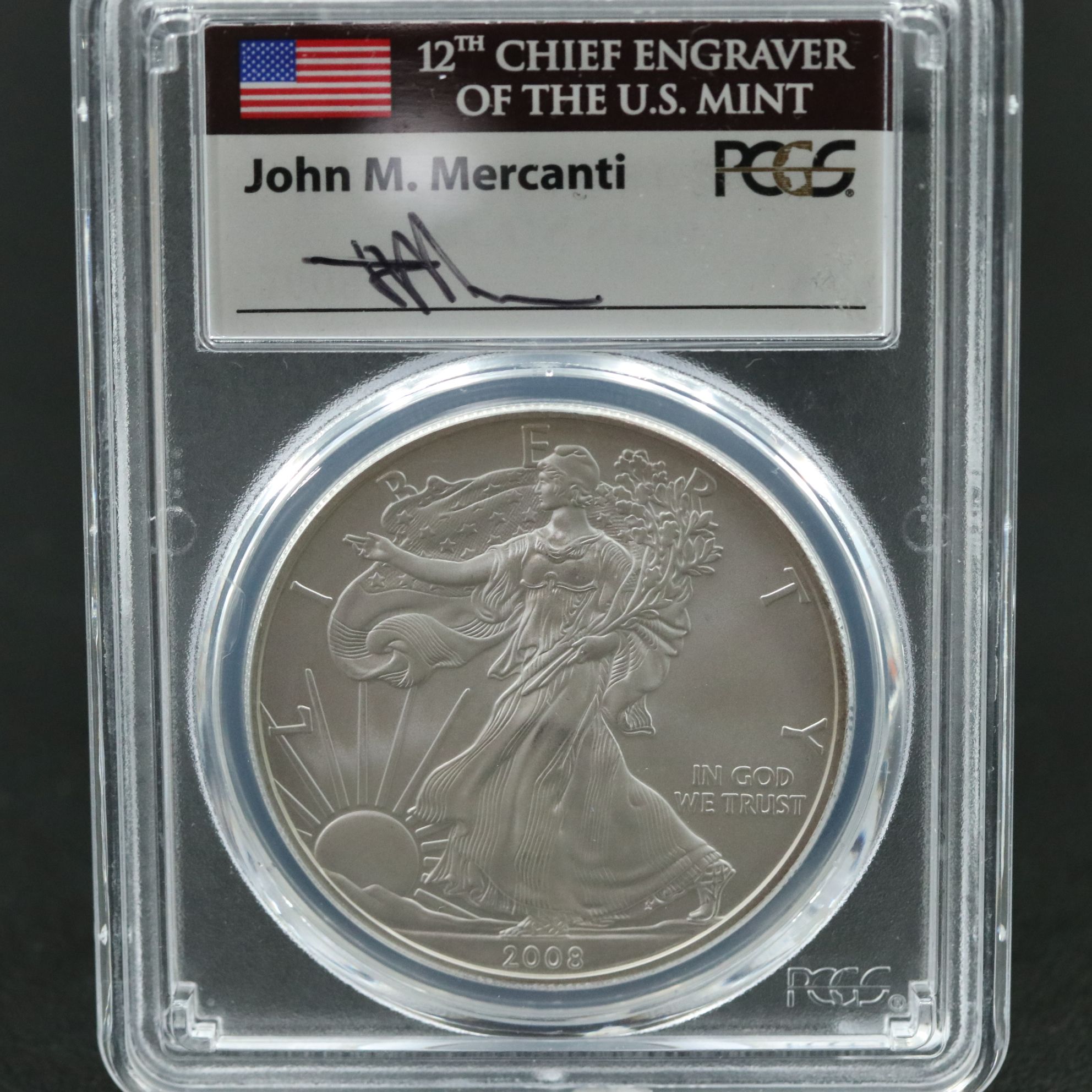 PCGS Graded SP70 Burnished 2008-W $1 U.S. Silver Eagle Signed by Mercanti