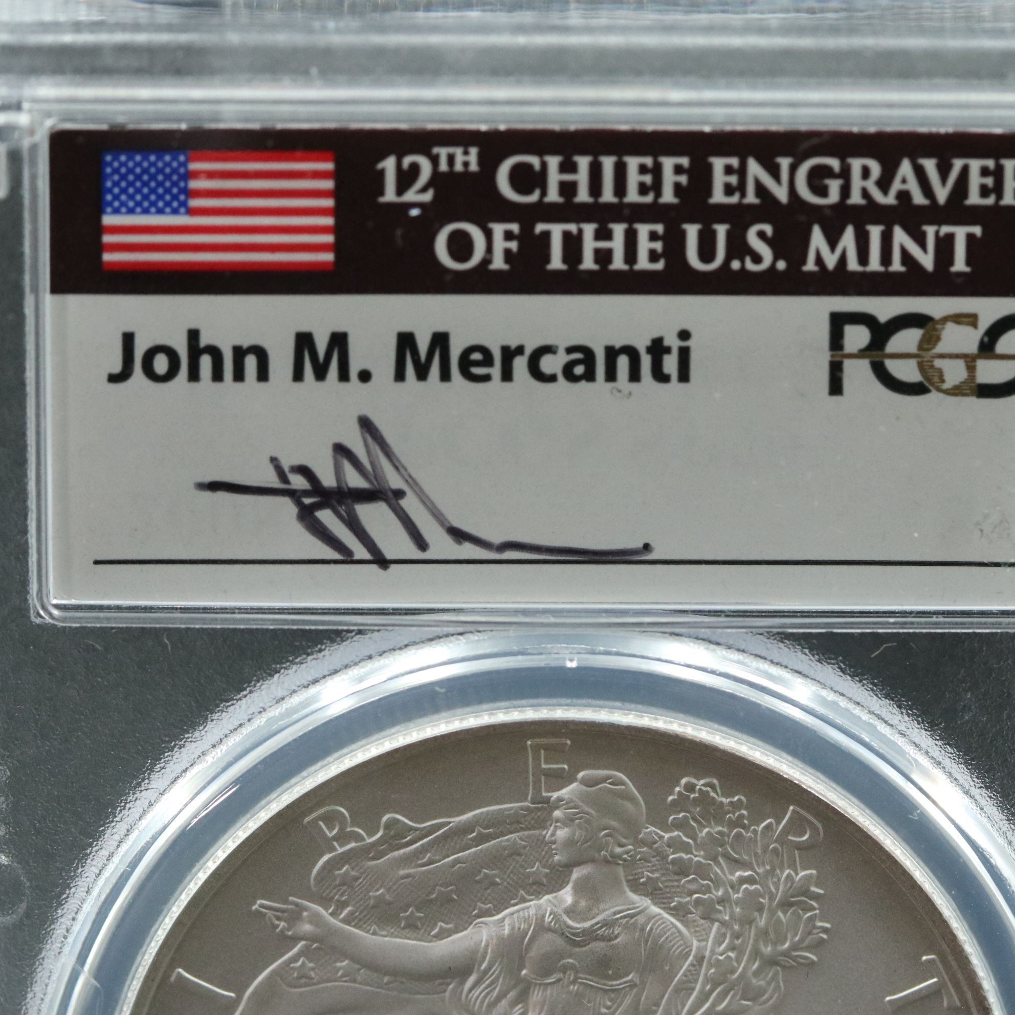 PCGS Graded SP70 Burnished 2008-W $1 U.S. Silver Eagle Signed by Mercanti