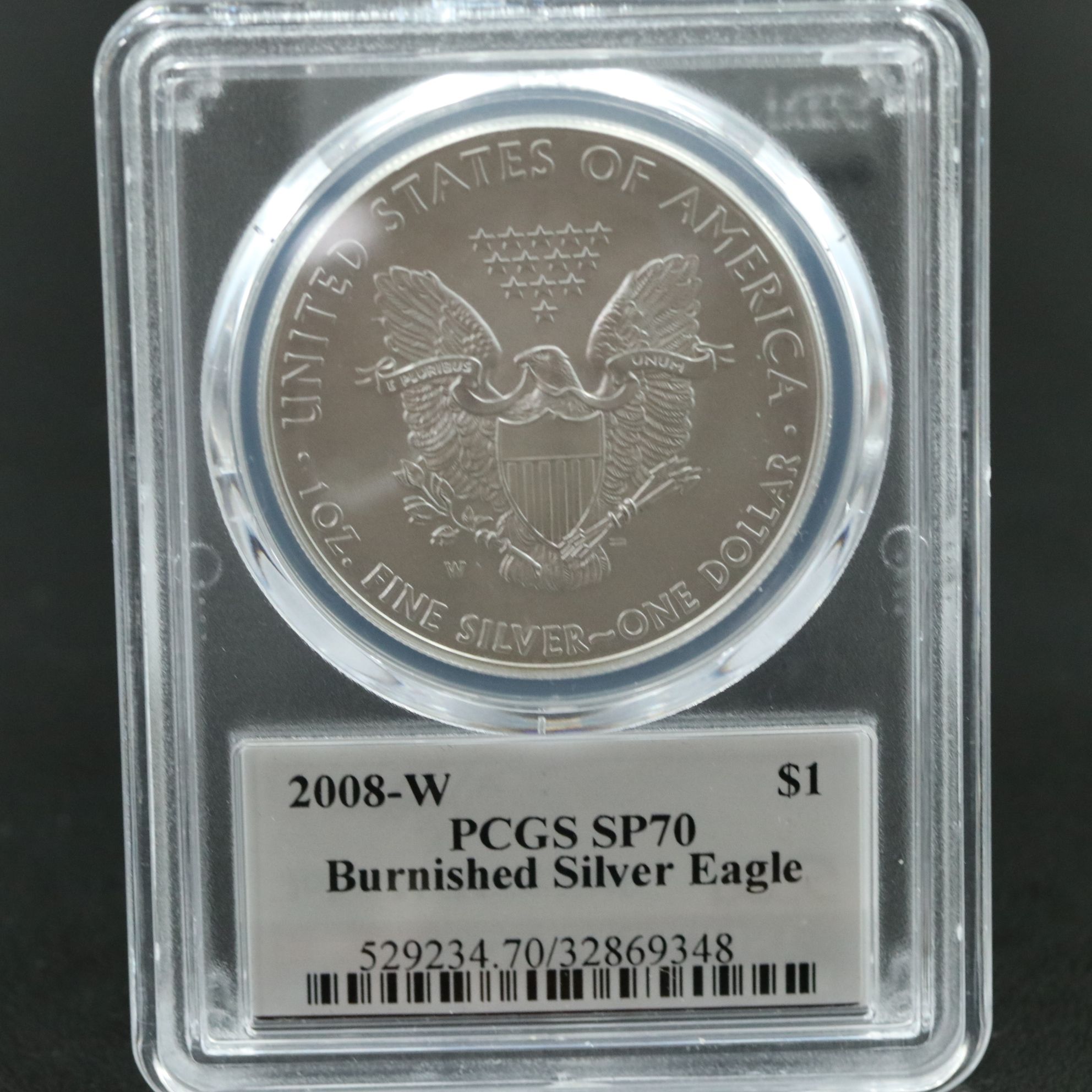 PCGS Graded SP70 Burnished 2008-W $1 U.S. Silver Eagle Signed by Mercanti