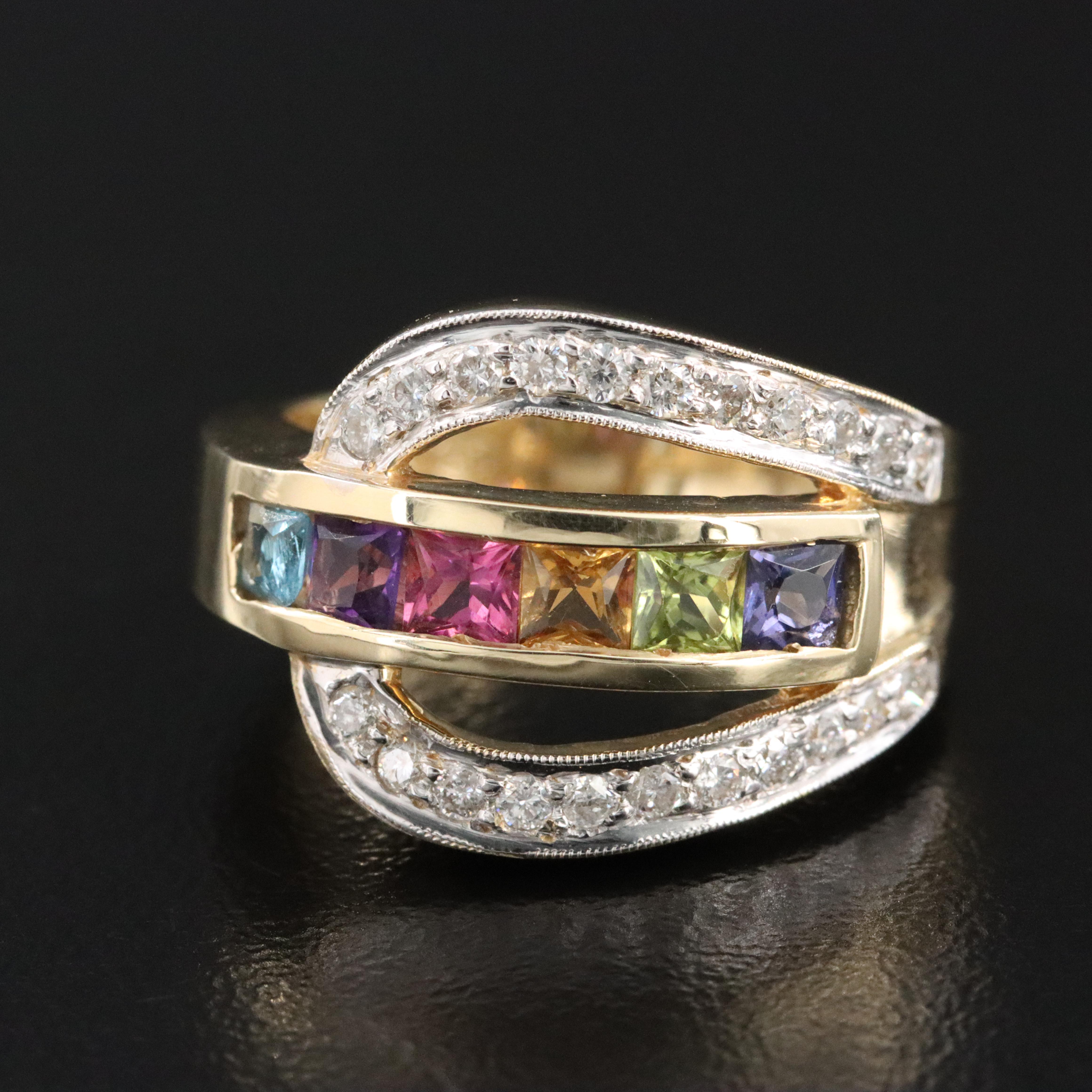 14K Multi Gemstone and Diamond Buckle Ring Featuring Amethyst, Garnet & Iolite