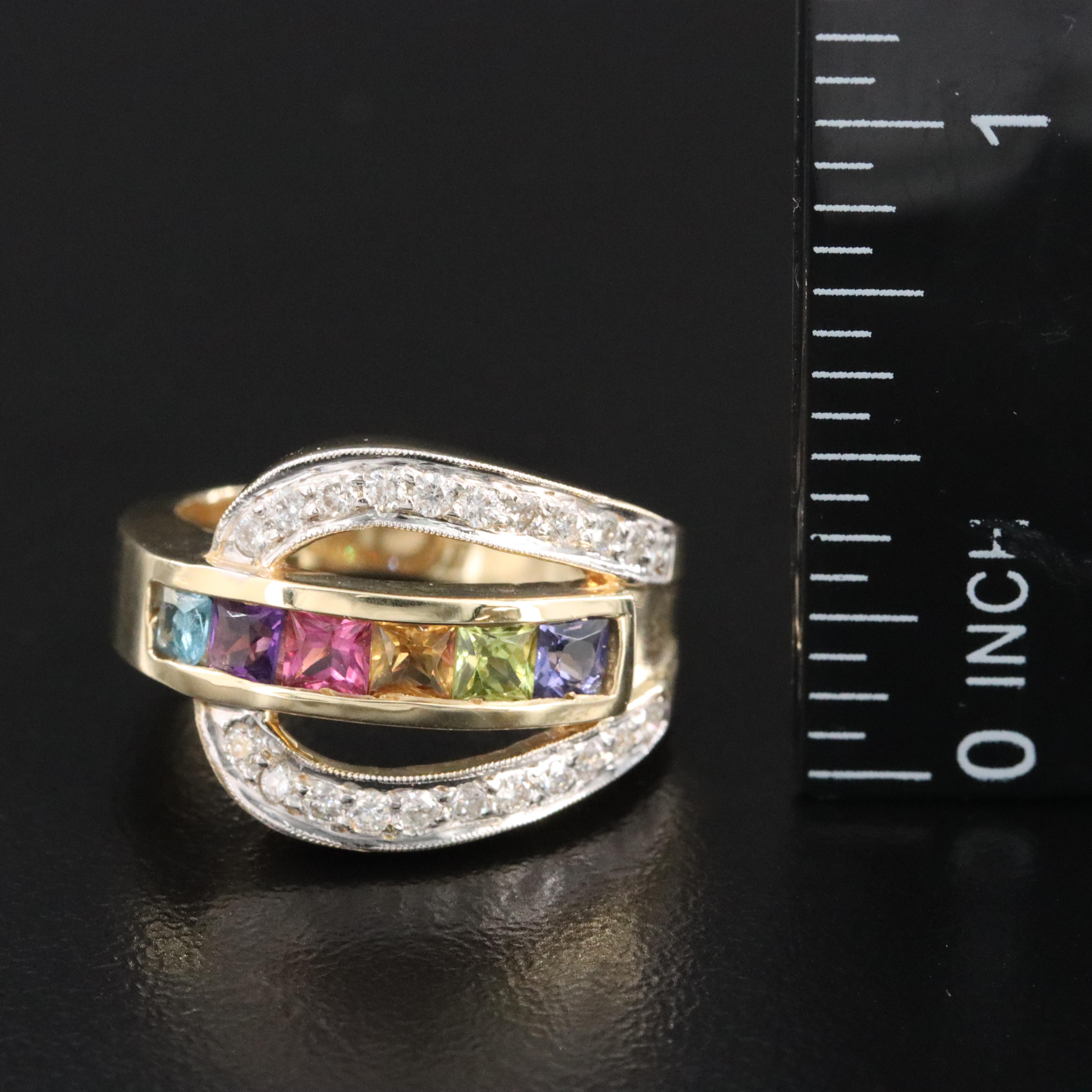 14K Multi Gemstone and Diamond Buckle Ring Featuring Amethyst, Garnet & Iolite