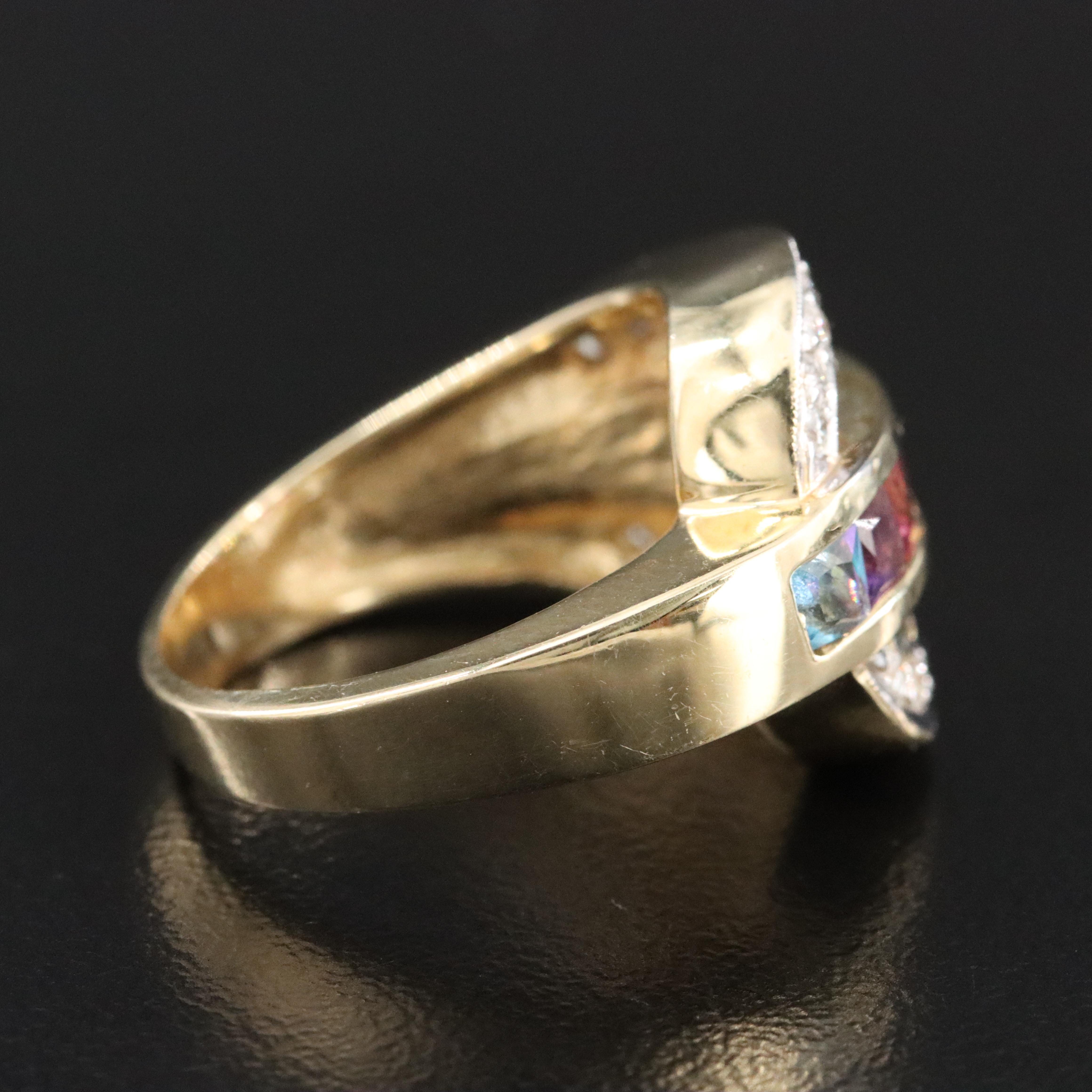 14K Multi Gemstone and Diamond Buckle Ring Featuring Amethyst, Garnet & Iolite