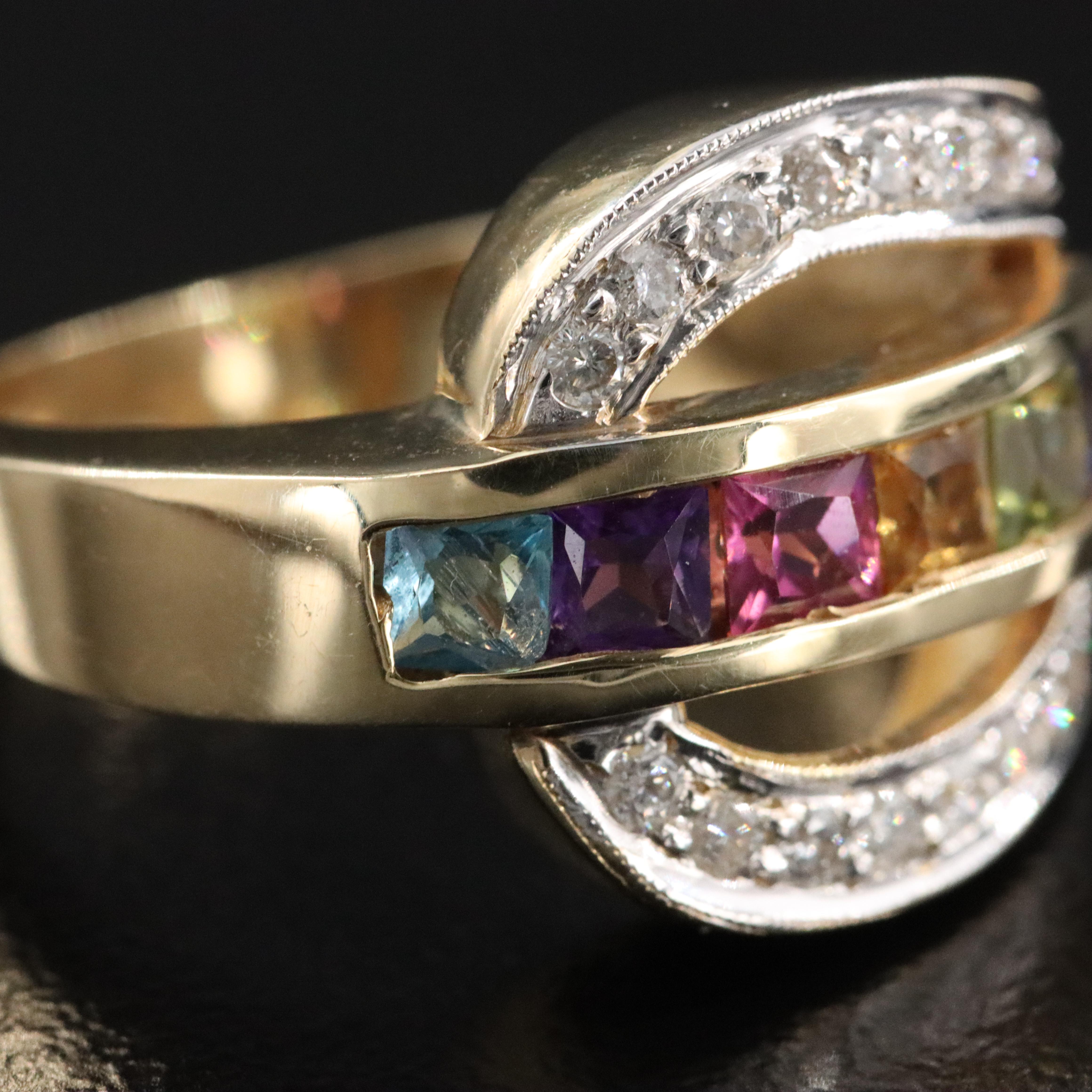14K Multi Gemstone and Diamond Buckle Ring Featuring Amethyst, Garnet & Iolite