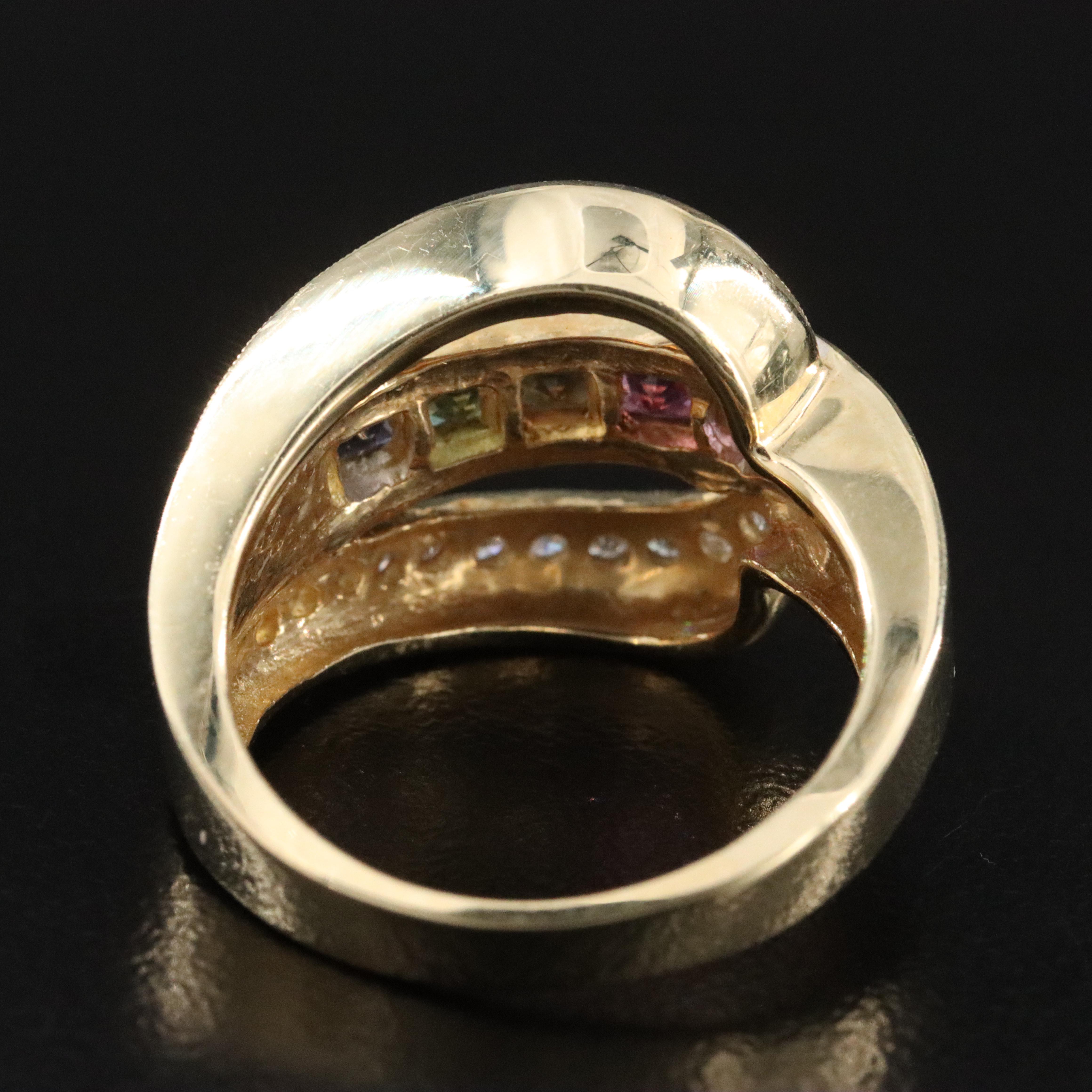 14K Multi Gemstone and Diamond Buckle Ring Featuring Amethyst, Garnet & Iolite