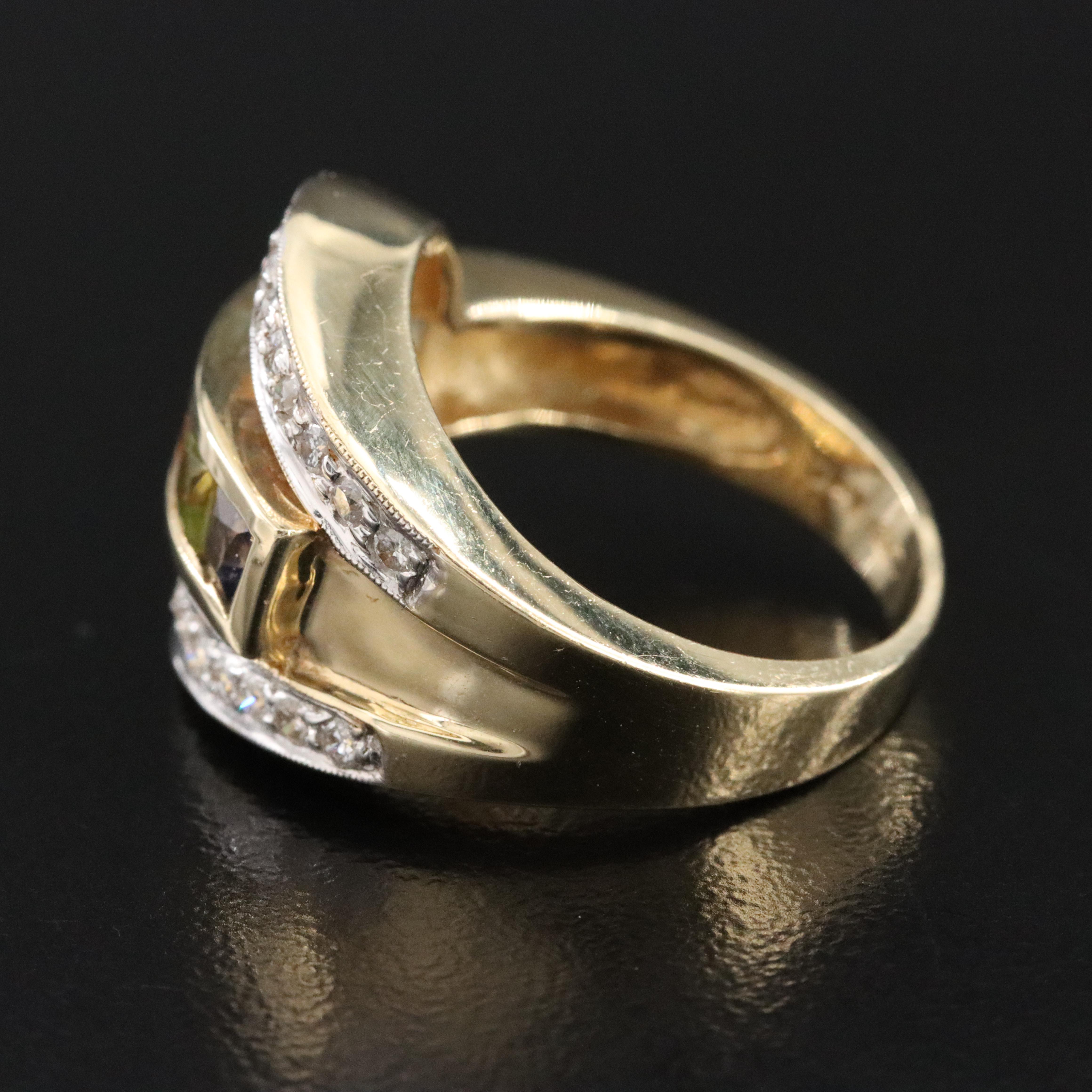 14K Multi Gemstone and Diamond Buckle Ring Featuring Amethyst, Garnet & Iolite