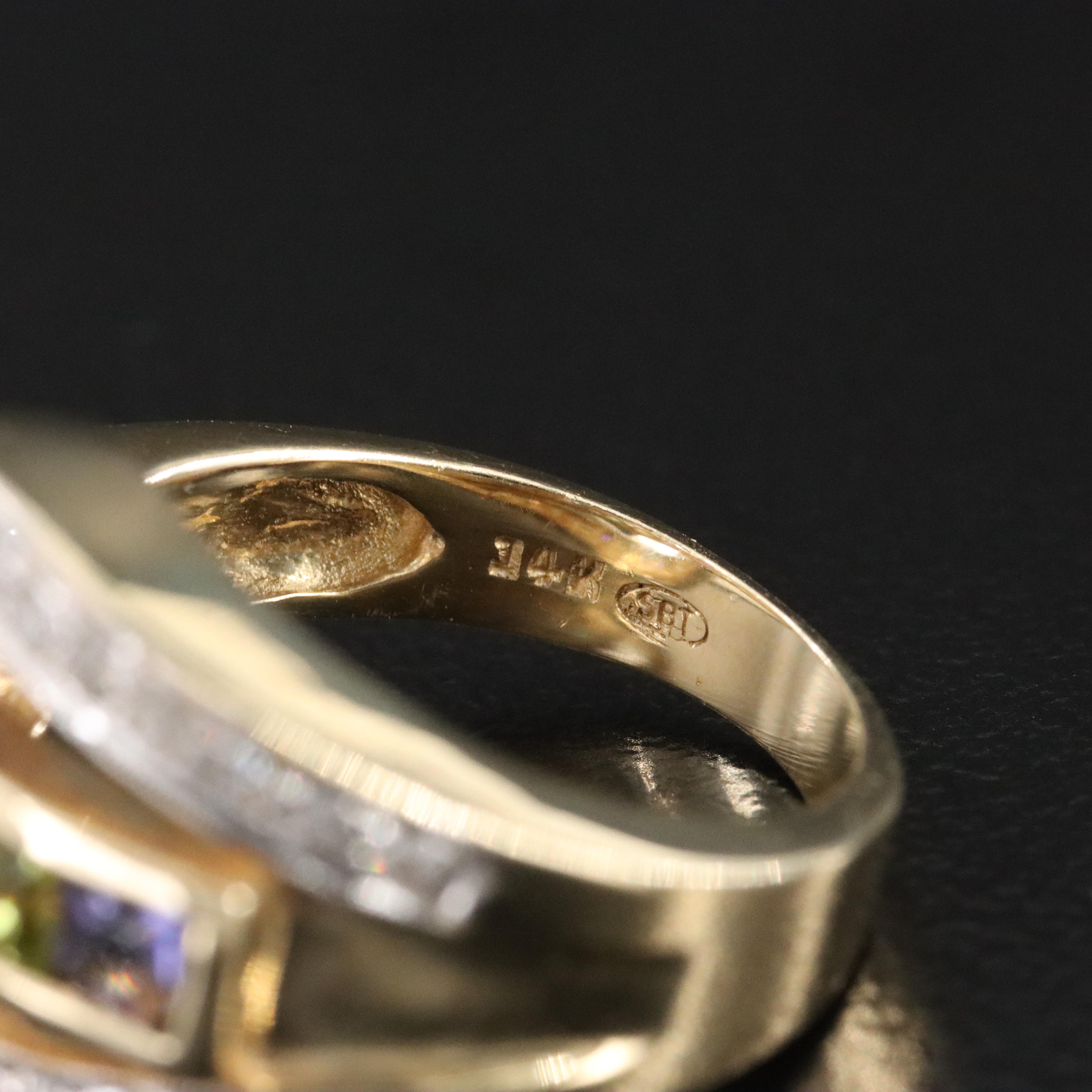 14K Multi Gemstone and Diamond Buckle Ring Featuring Amethyst, Garnet & Iolite