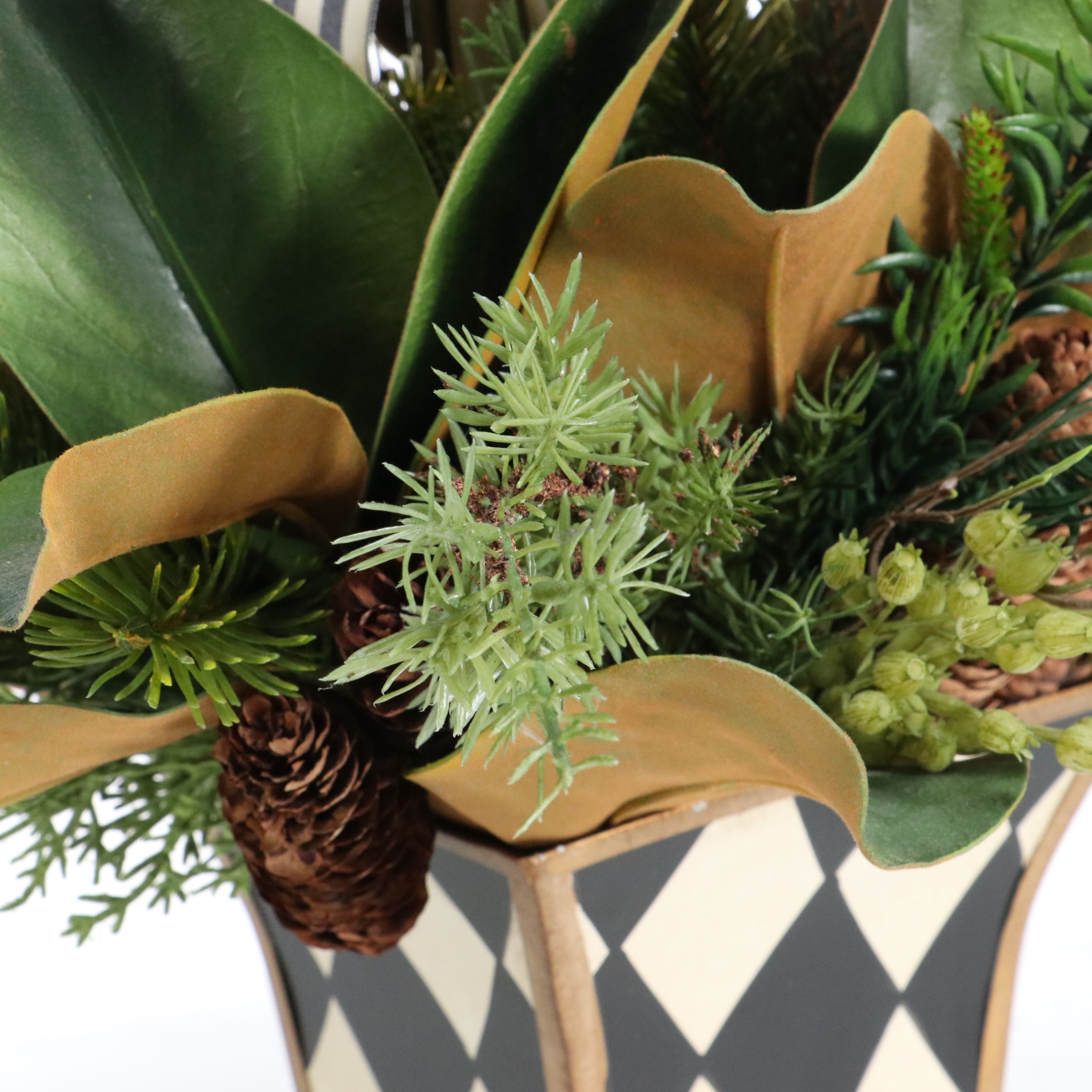 Artificial Flower Arrangements in Harlequin Pattern Vases