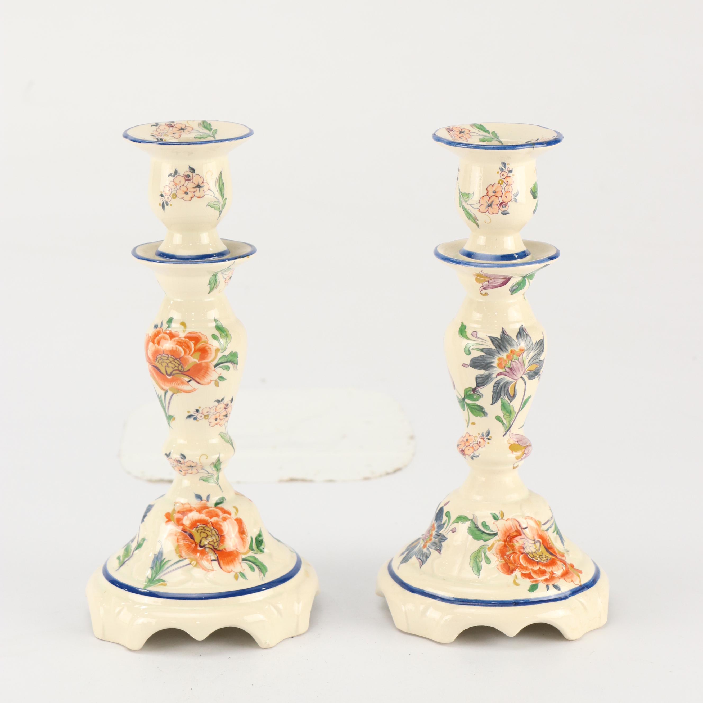 Dutch Polychrome Delft Candlesticks and Leeds Botanical Creamware Tureen