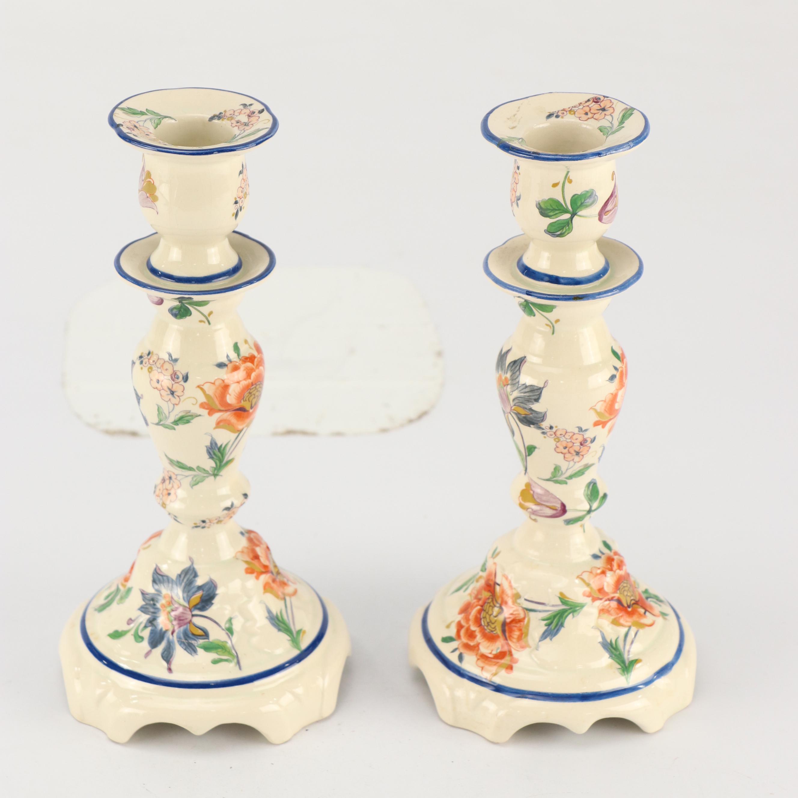 Dutch Polychrome Delft Candlesticks and Leeds Botanical Creamware Tureen