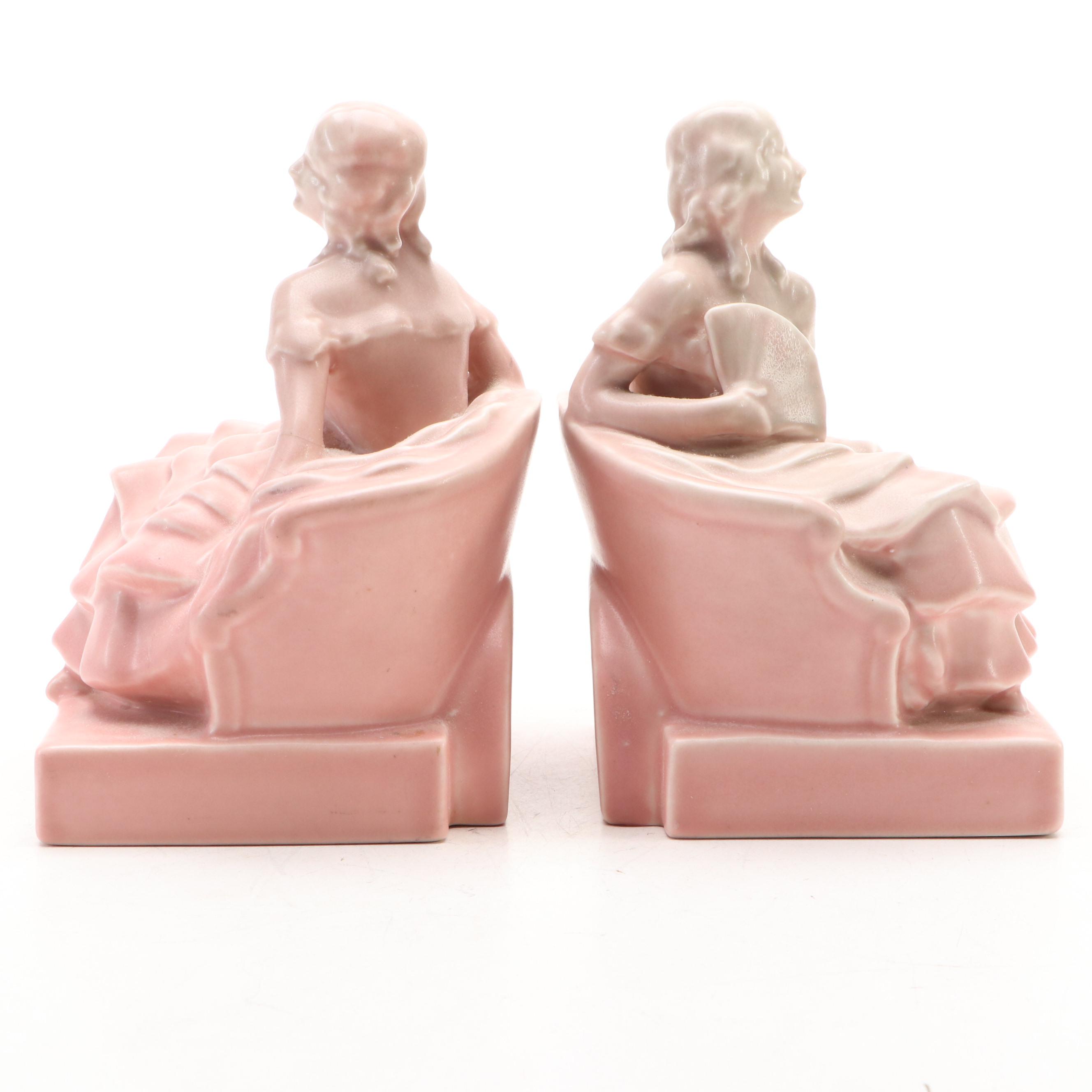 Rookwood Pottery Matte Pink Ceramic Colonial Lady Bookends, 1932