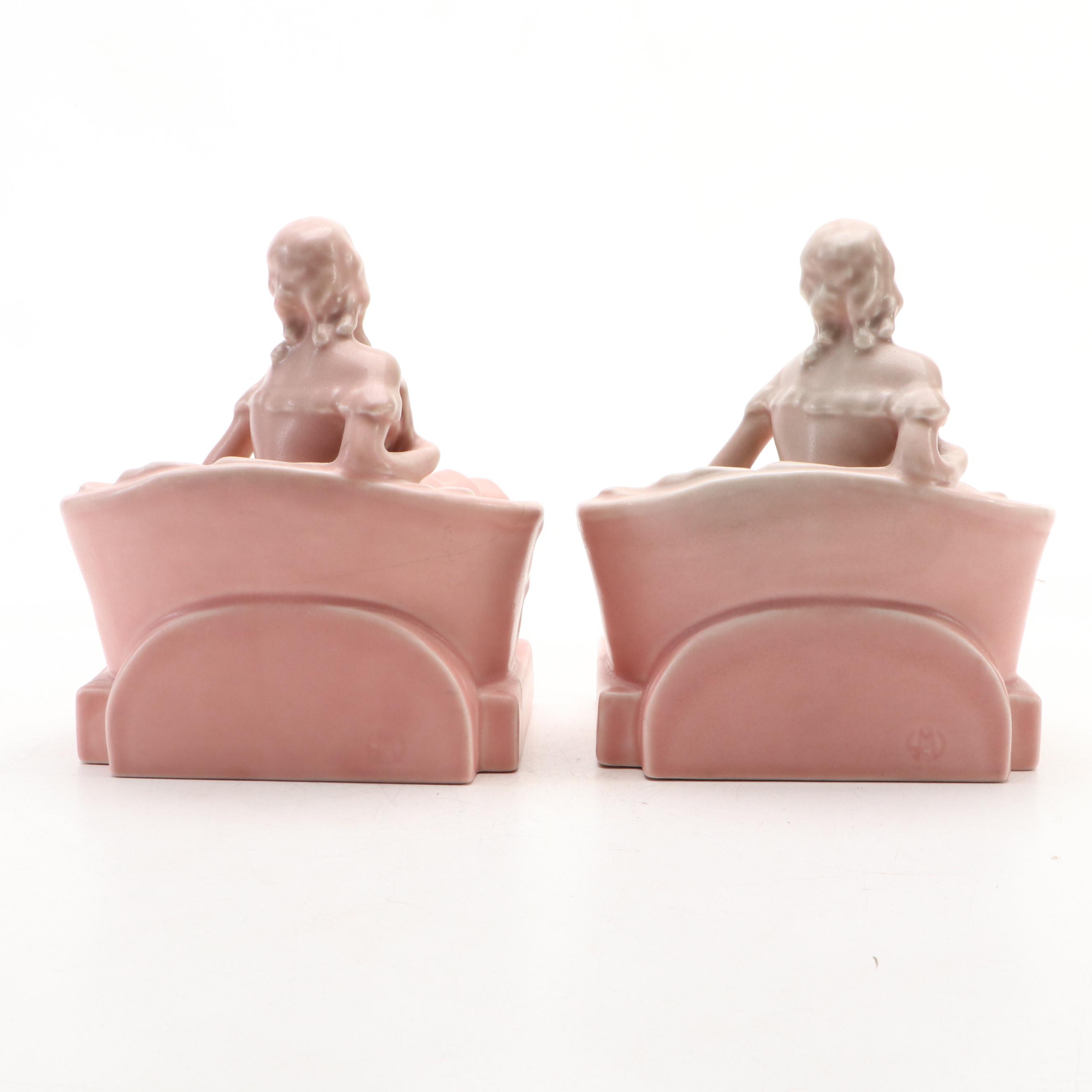 Rookwood Pottery Matte Pink Ceramic Colonial Lady Bookends, 1932