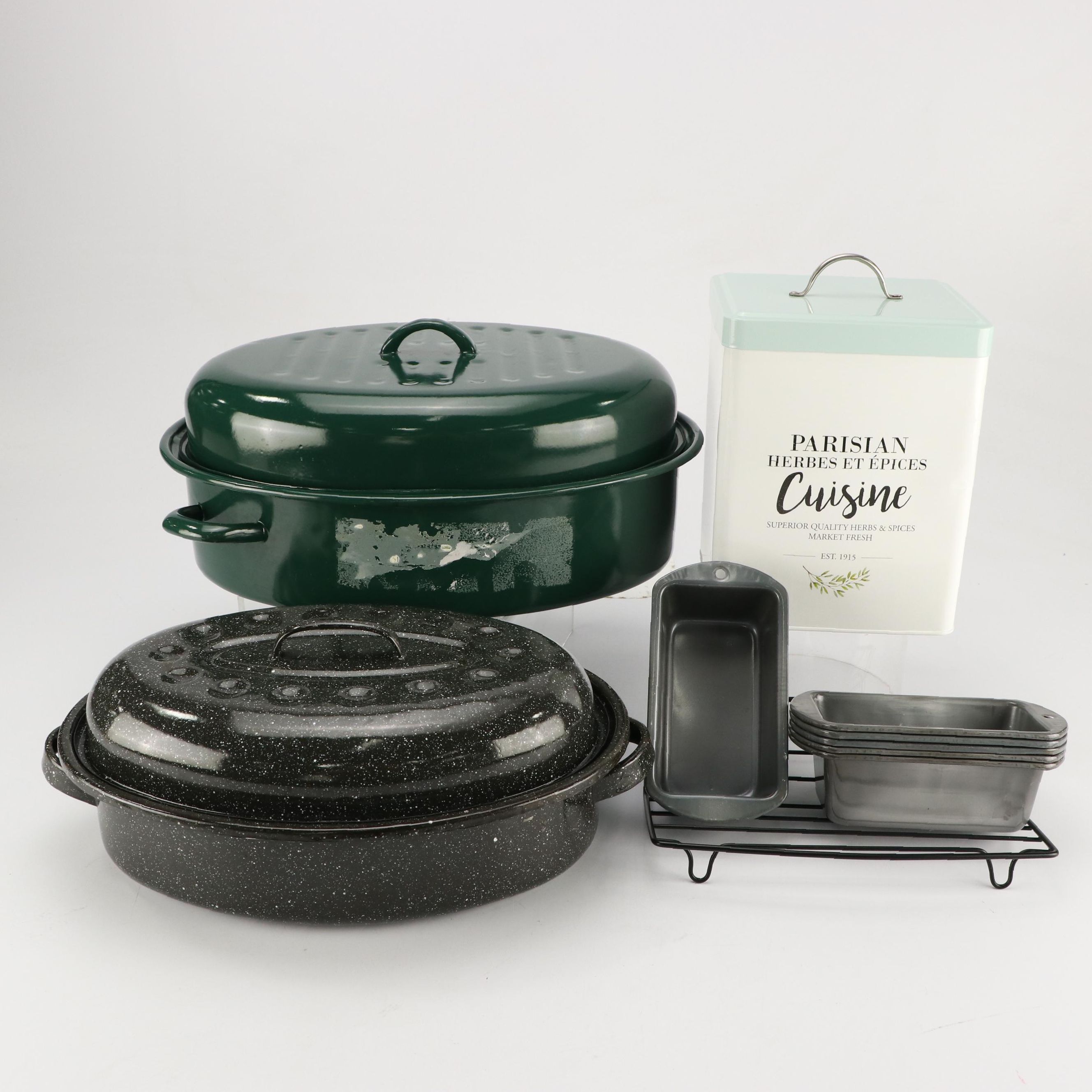 Graniteware and Other Enameled Roasting Pans with Bakeware and Container