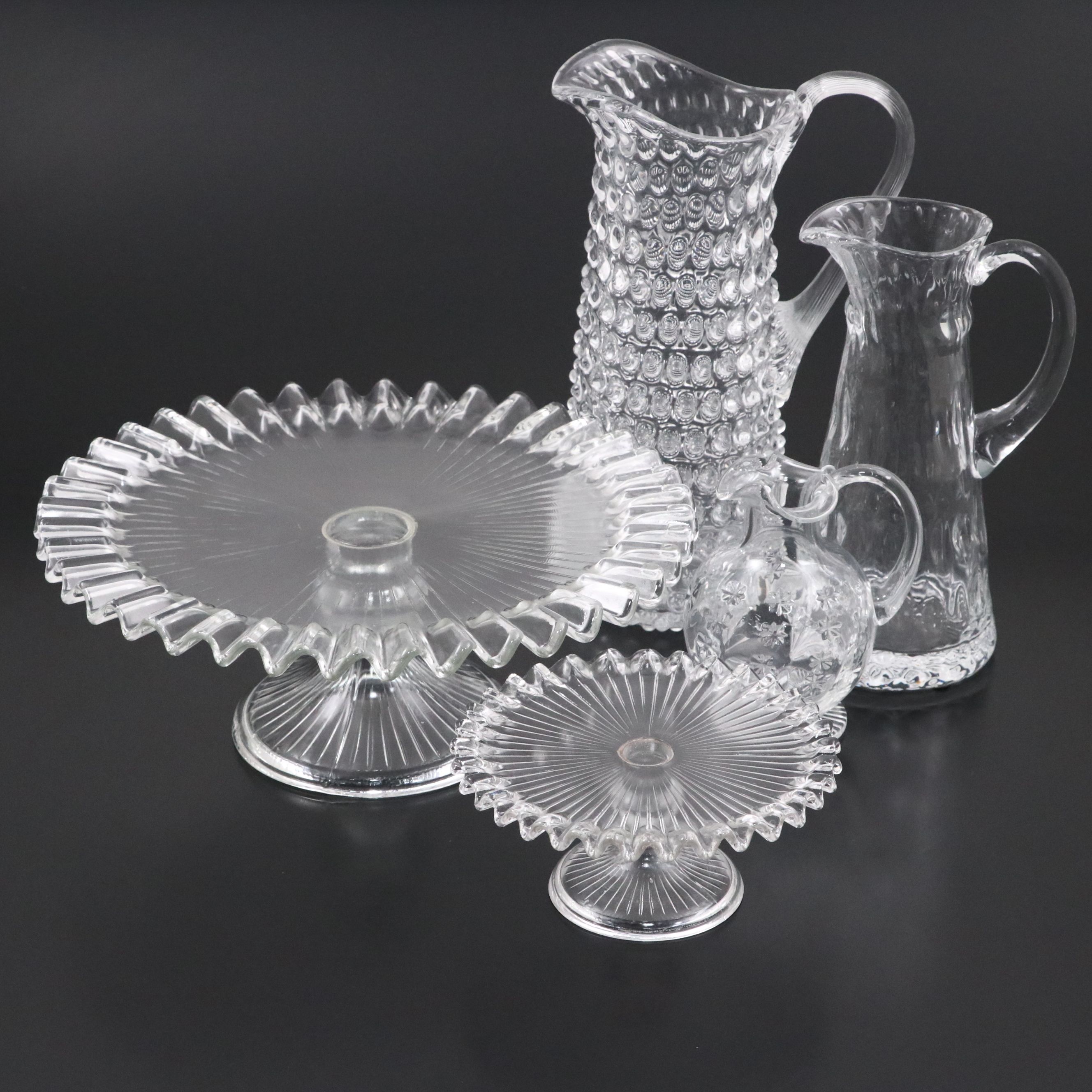 William Yeoward Crystal Jug with Glass Pitchers and Ribbon Edge Cake Stands