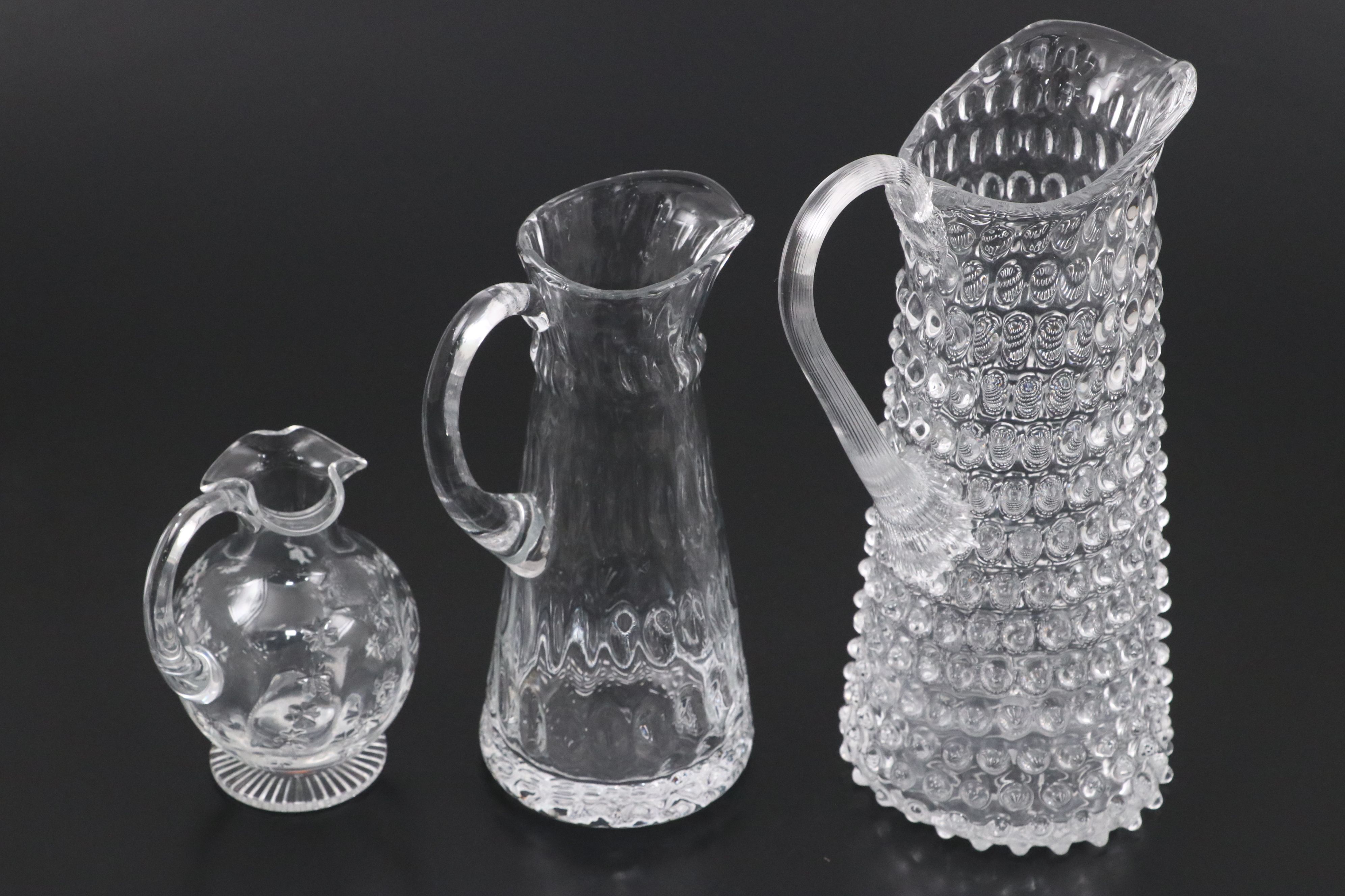William Yeoward Crystal Jug with Glass Pitchers and Ribbon Edge Cake Stands