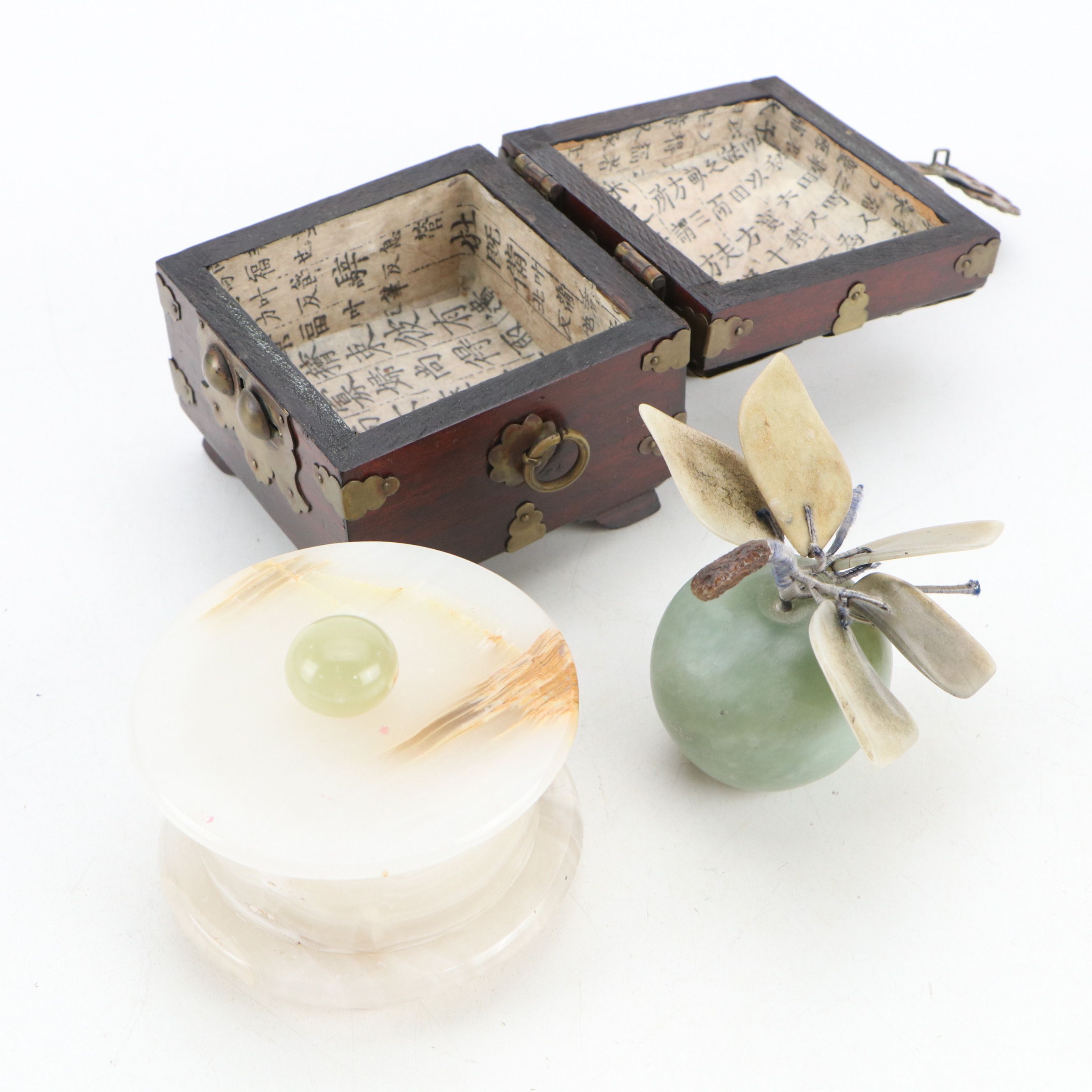 Carved Serpentine Apple with Korean Brass and Wood Box