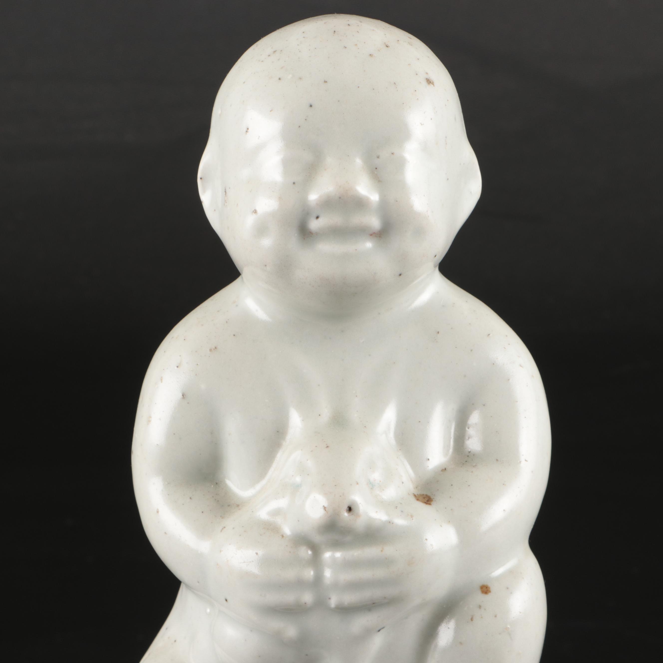 Chinese Porcelain Baby Holding Rabbit Figure on Base with Ceramic Vase and Box
