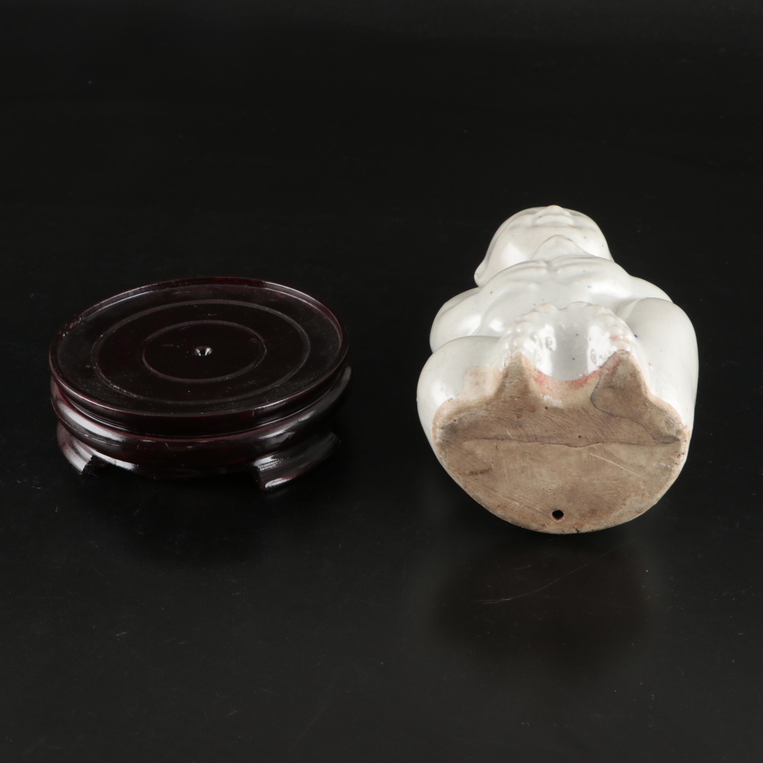 Chinese Porcelain Baby Holding Rabbit Figure on Base with Ceramic Vase and Box