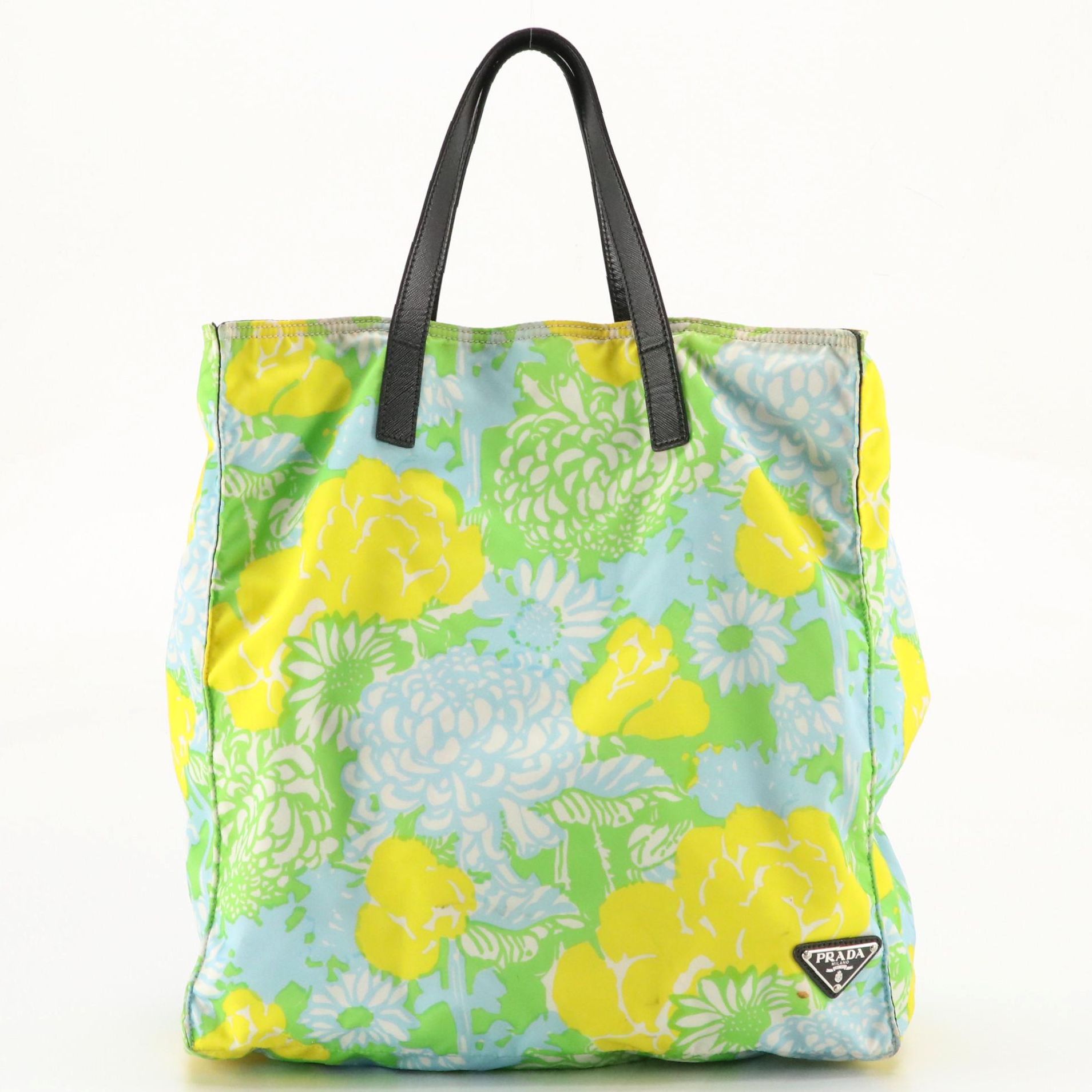 Prada Chrysanthemum Floral Print Nylon Tote Bag with Black Saffiano Leather Trim