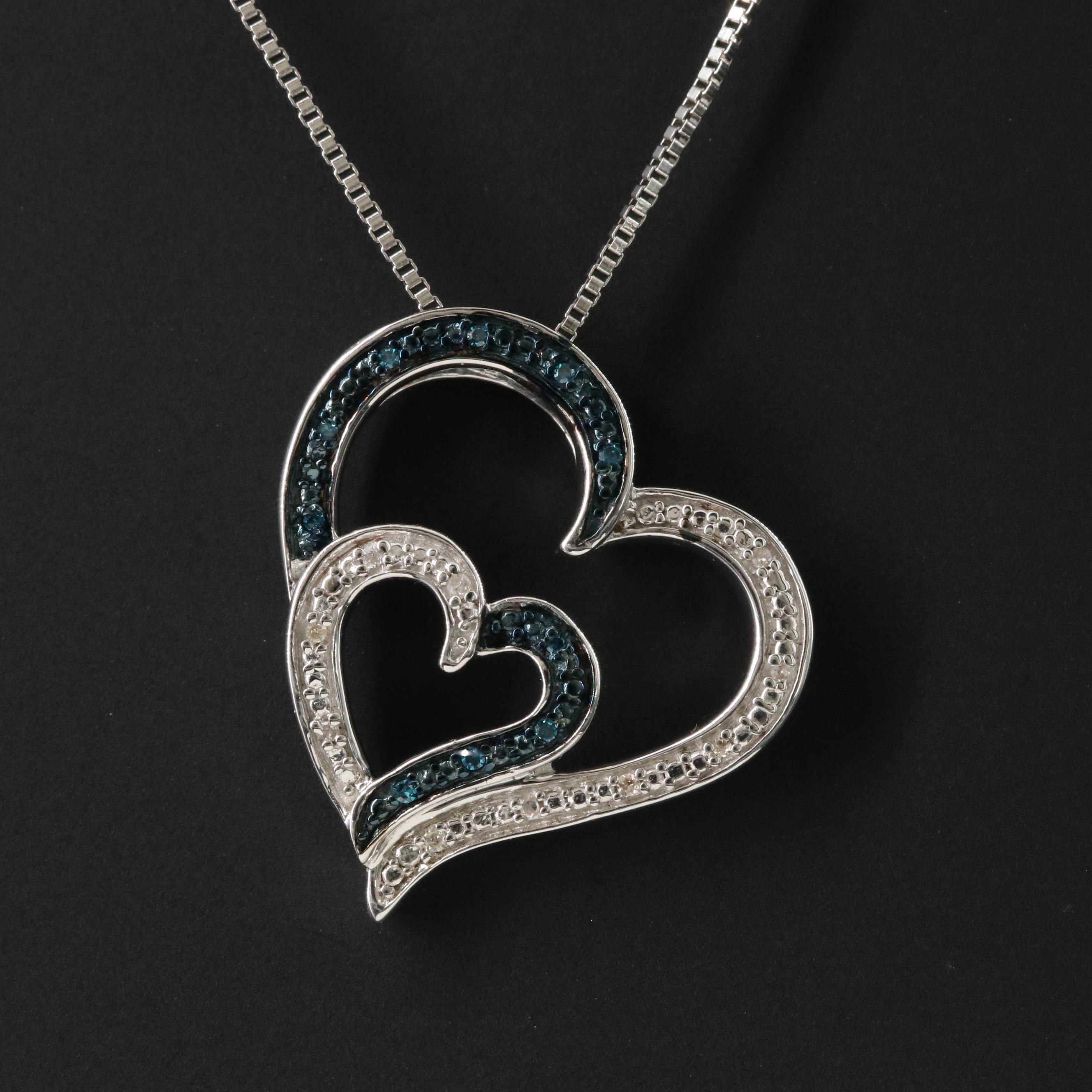 Sterling Diamond Heart Pendant Necklace with Fancy Blue Diamond Accents