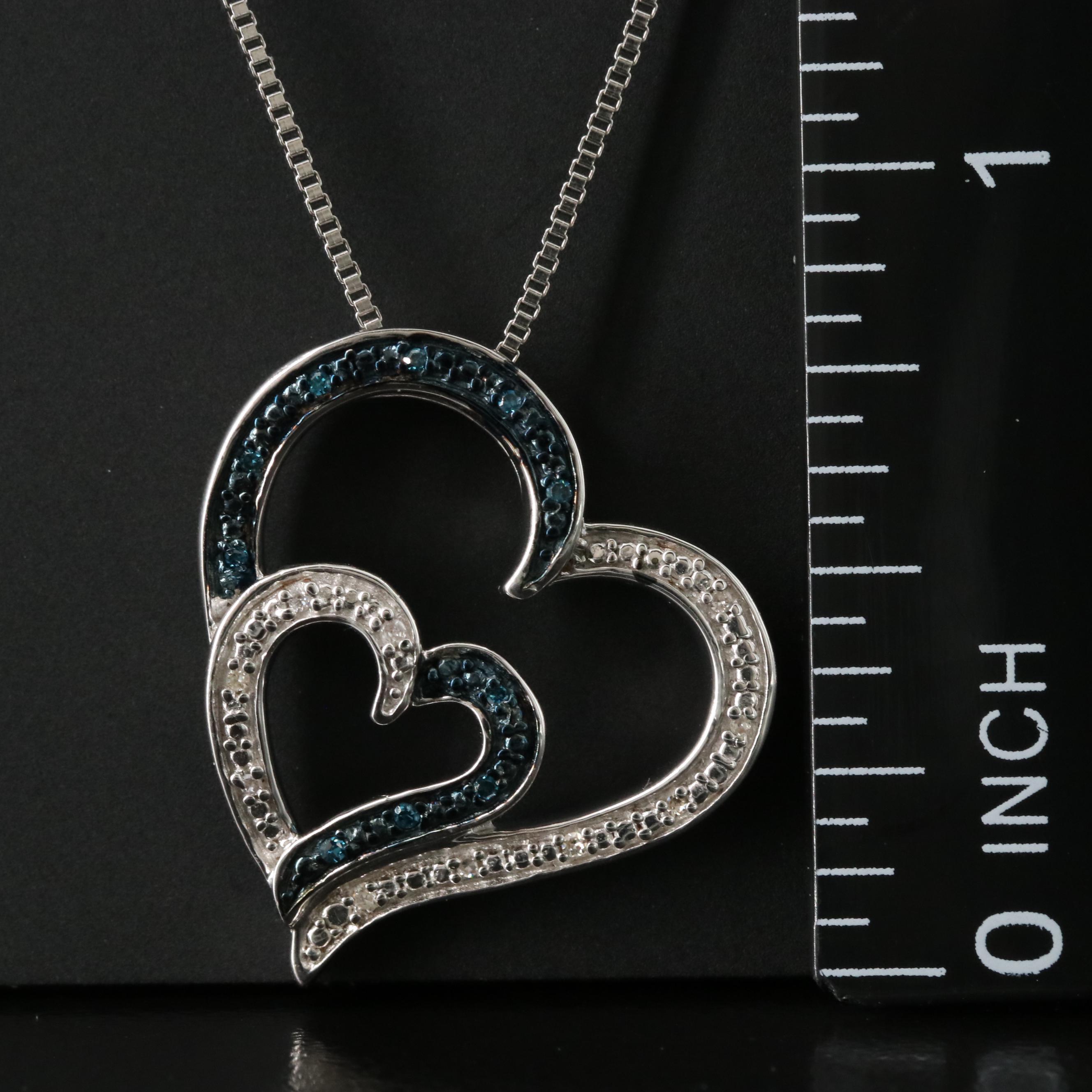 Sterling Diamond Heart Pendant Necklace with Fancy Blue Diamond Accents