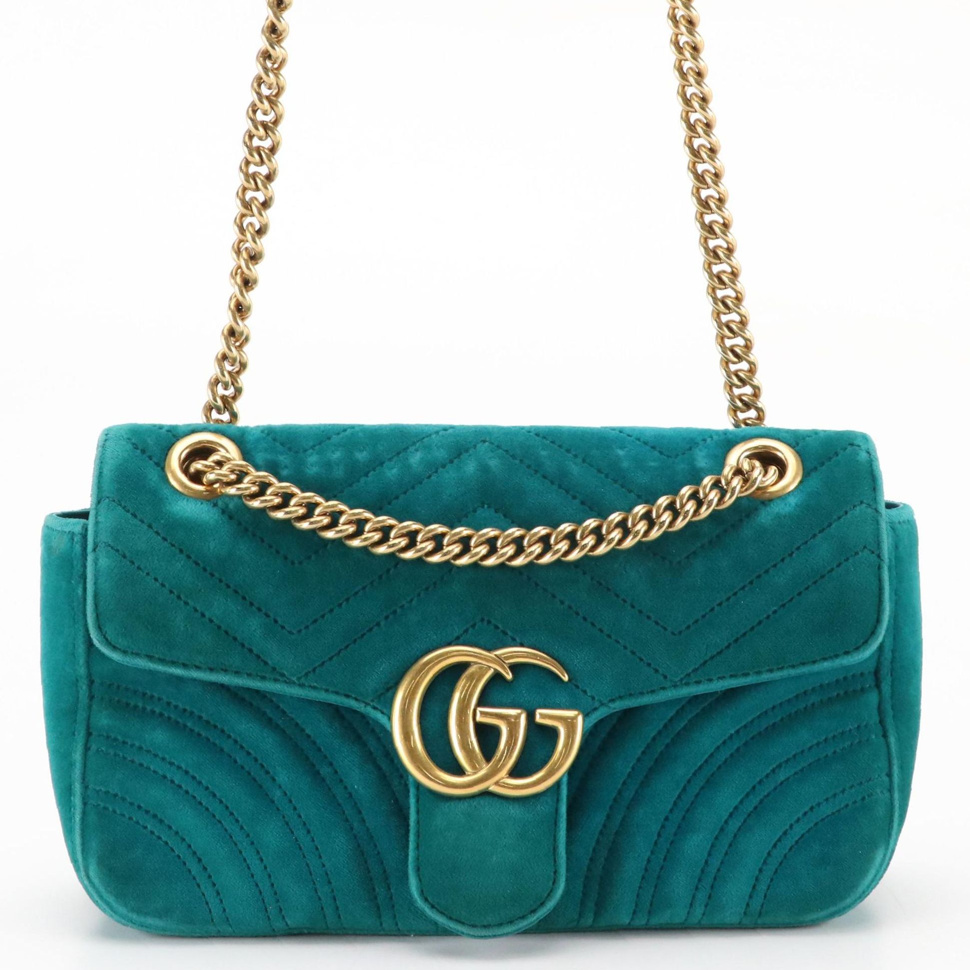 Gucci GG Marmont Flap-Front Chain Bag in Teal Blue Matelassé Chevron Velvet