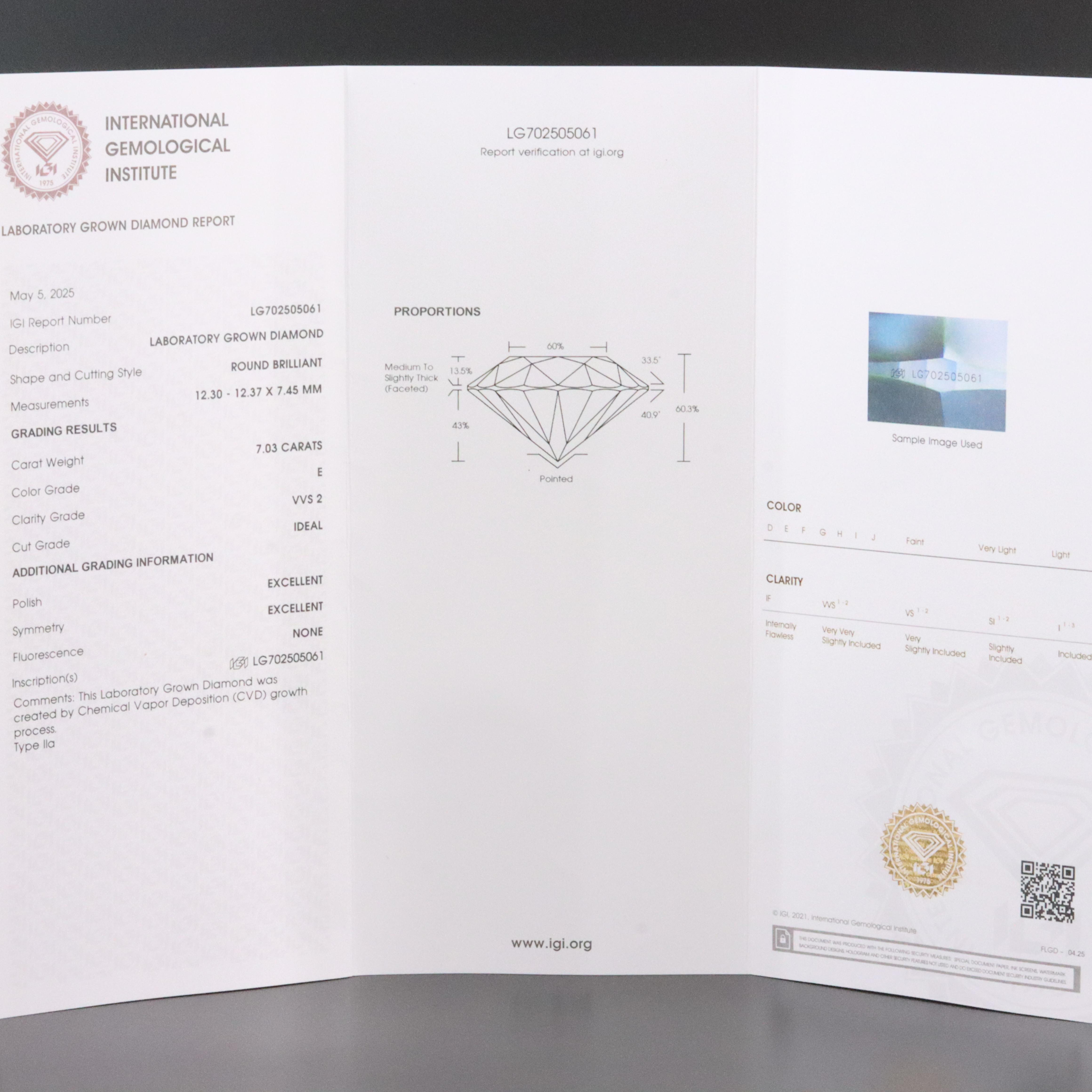 18K 7.03 CT Lab Grown Diamond Ring with IGI Report