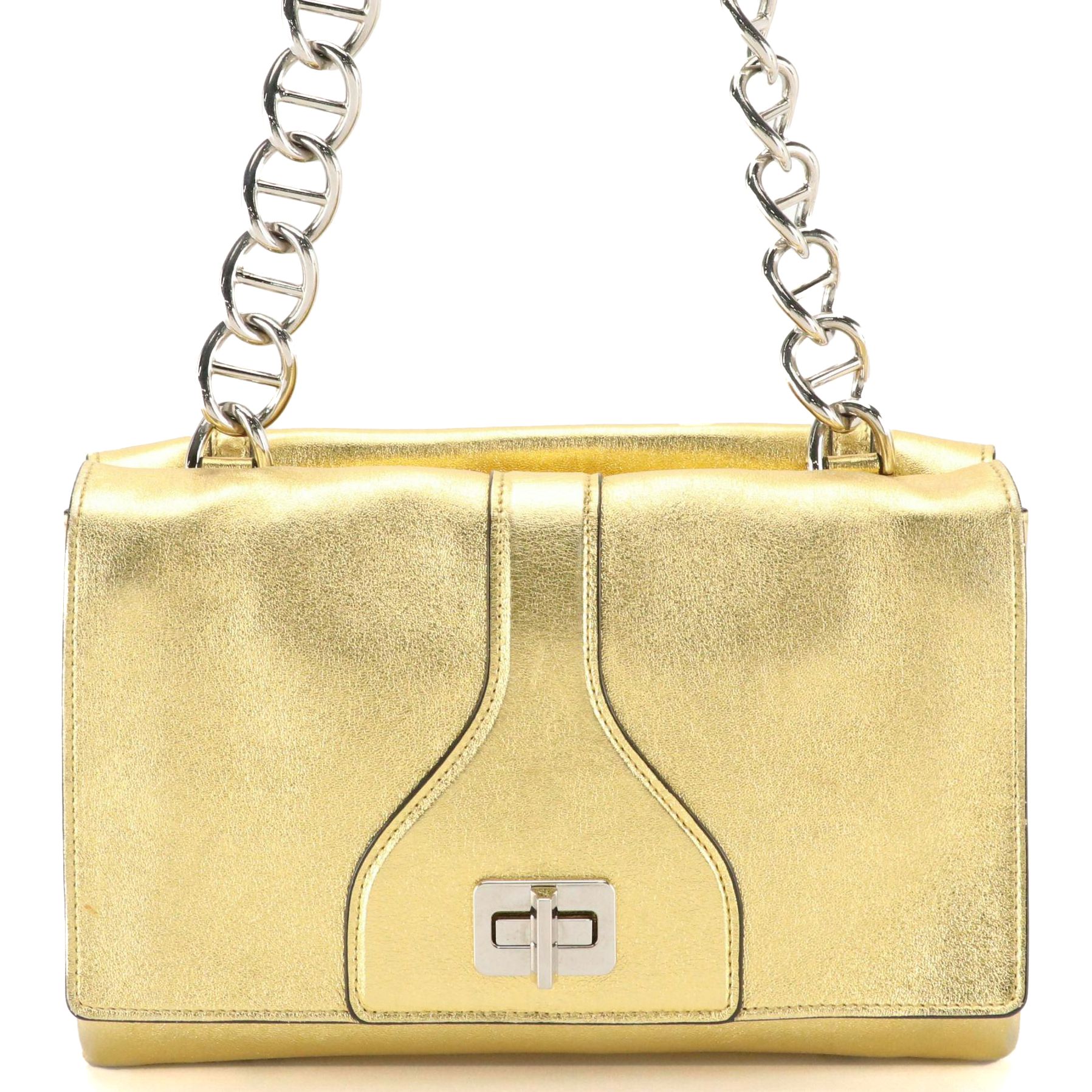 Prada Double Flap Chain Link Shoulder Bag in Metallic Gold Vitello Soft Leather