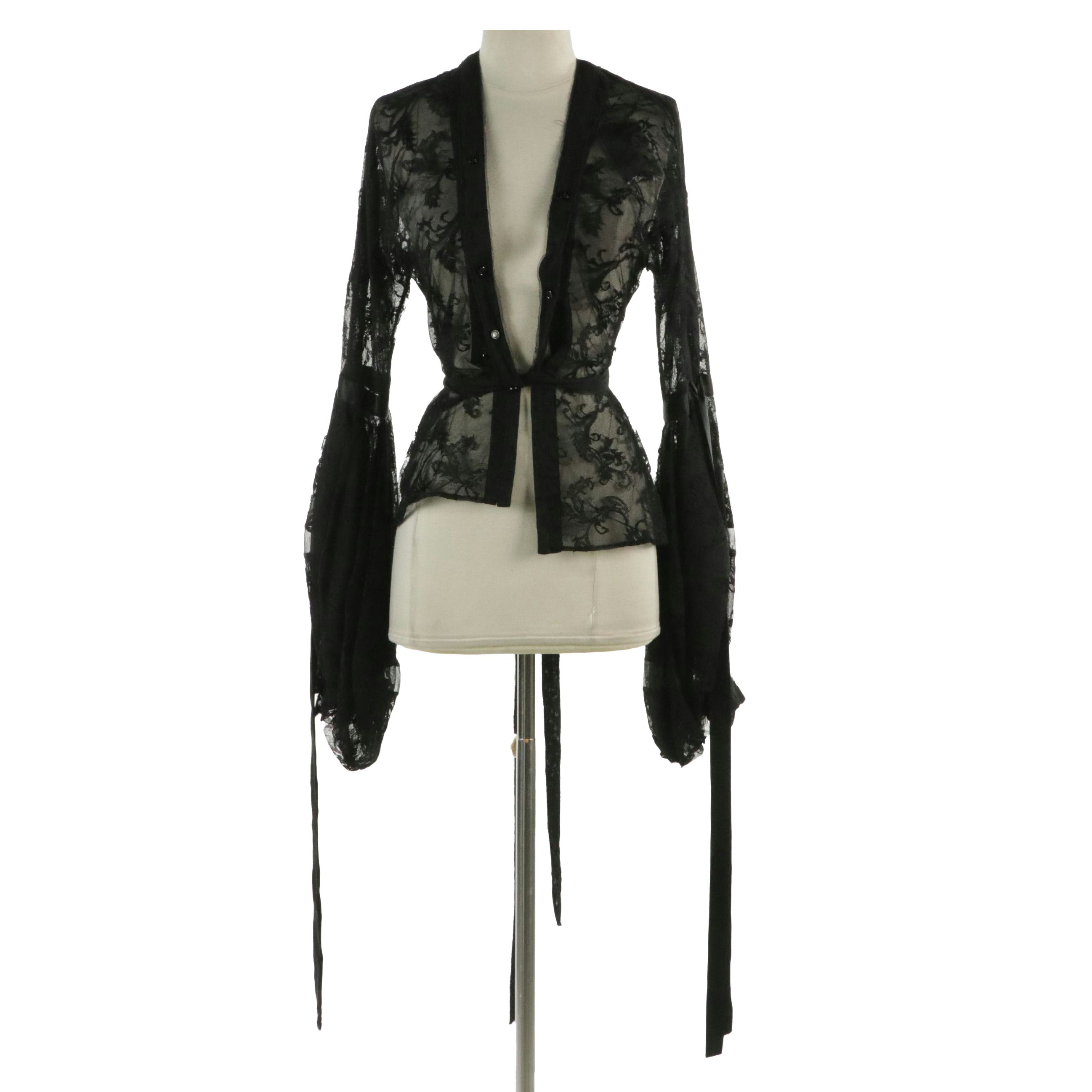 Yves Saint Laurent Rive Gauche Lace Bishop Sleeve Blouse with Ribbon Details