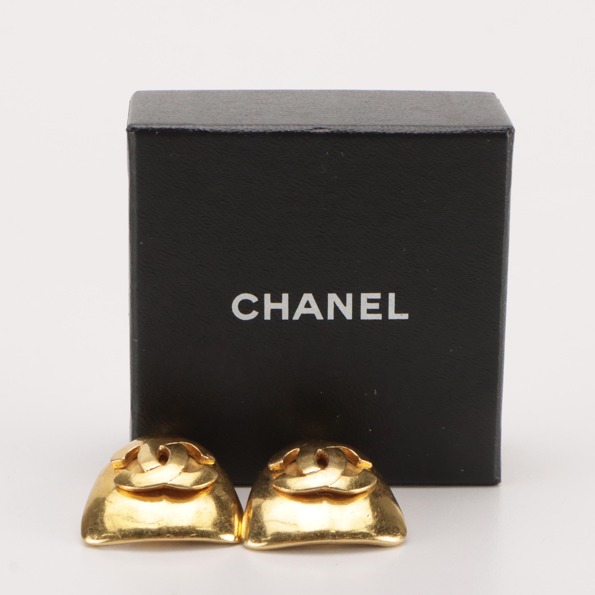 Chanel CC Triangle Clip-On Earrings in Box, 1990s