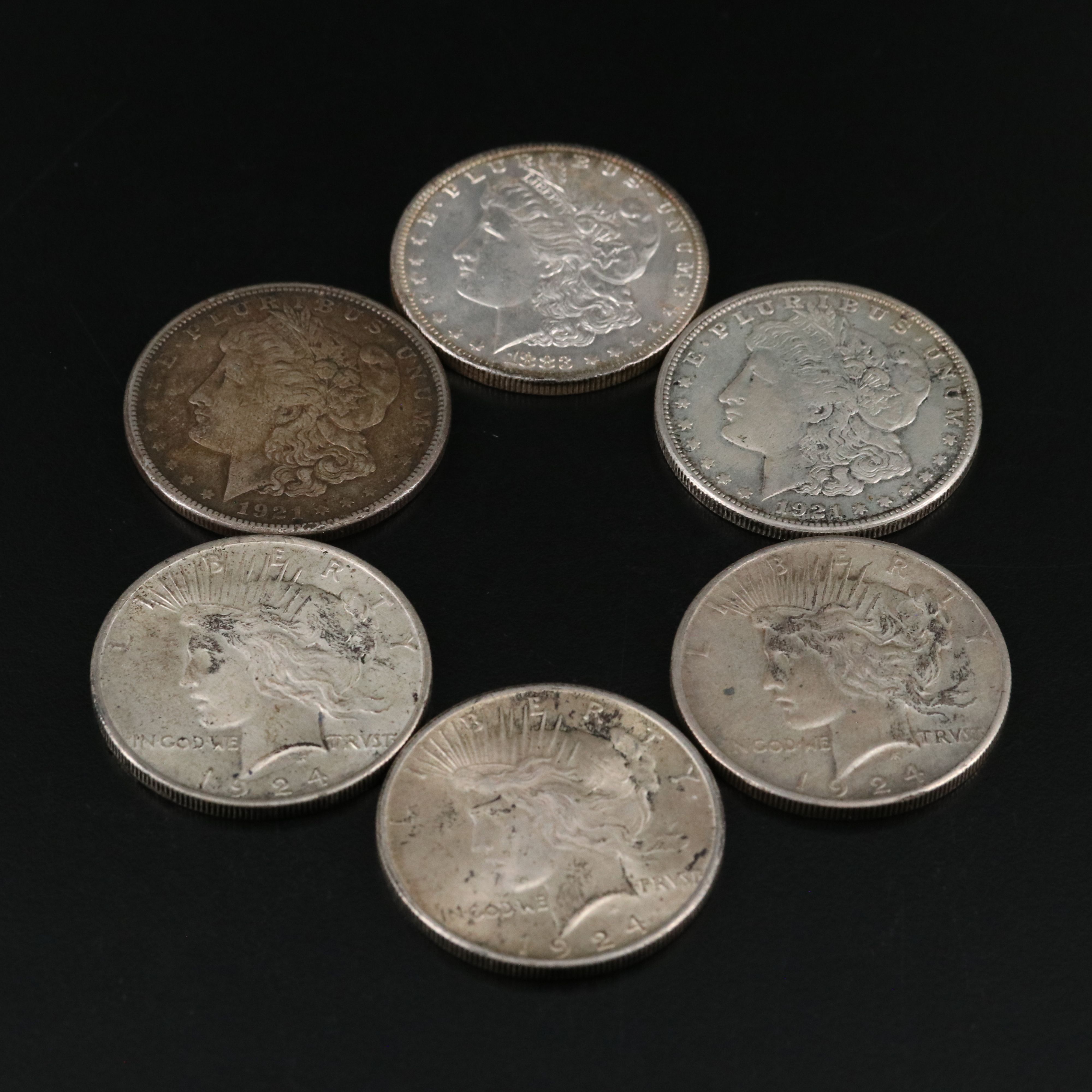 Three Morgan and Three Peace Silver Dollars