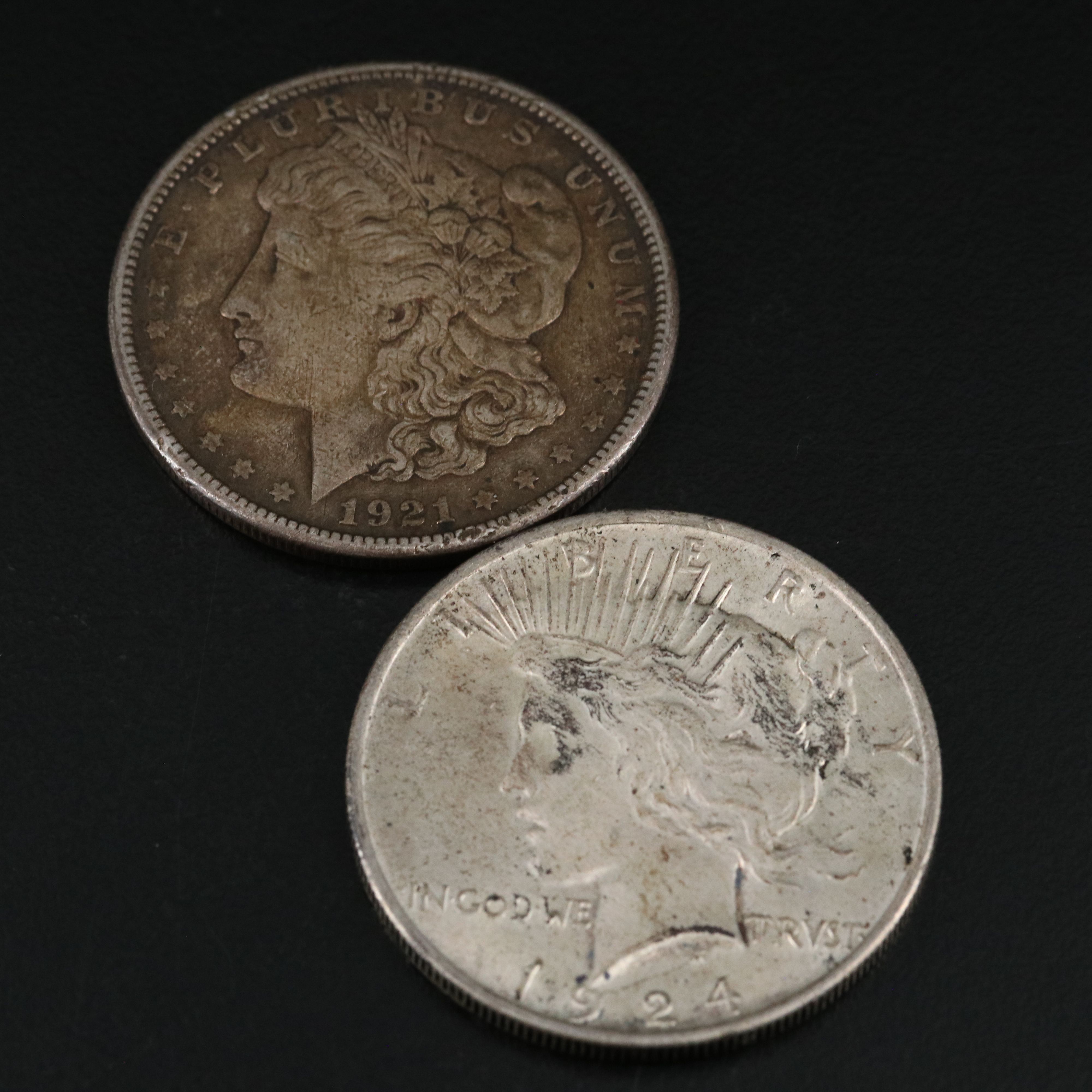Three Morgan and Three Peace Silver Dollars