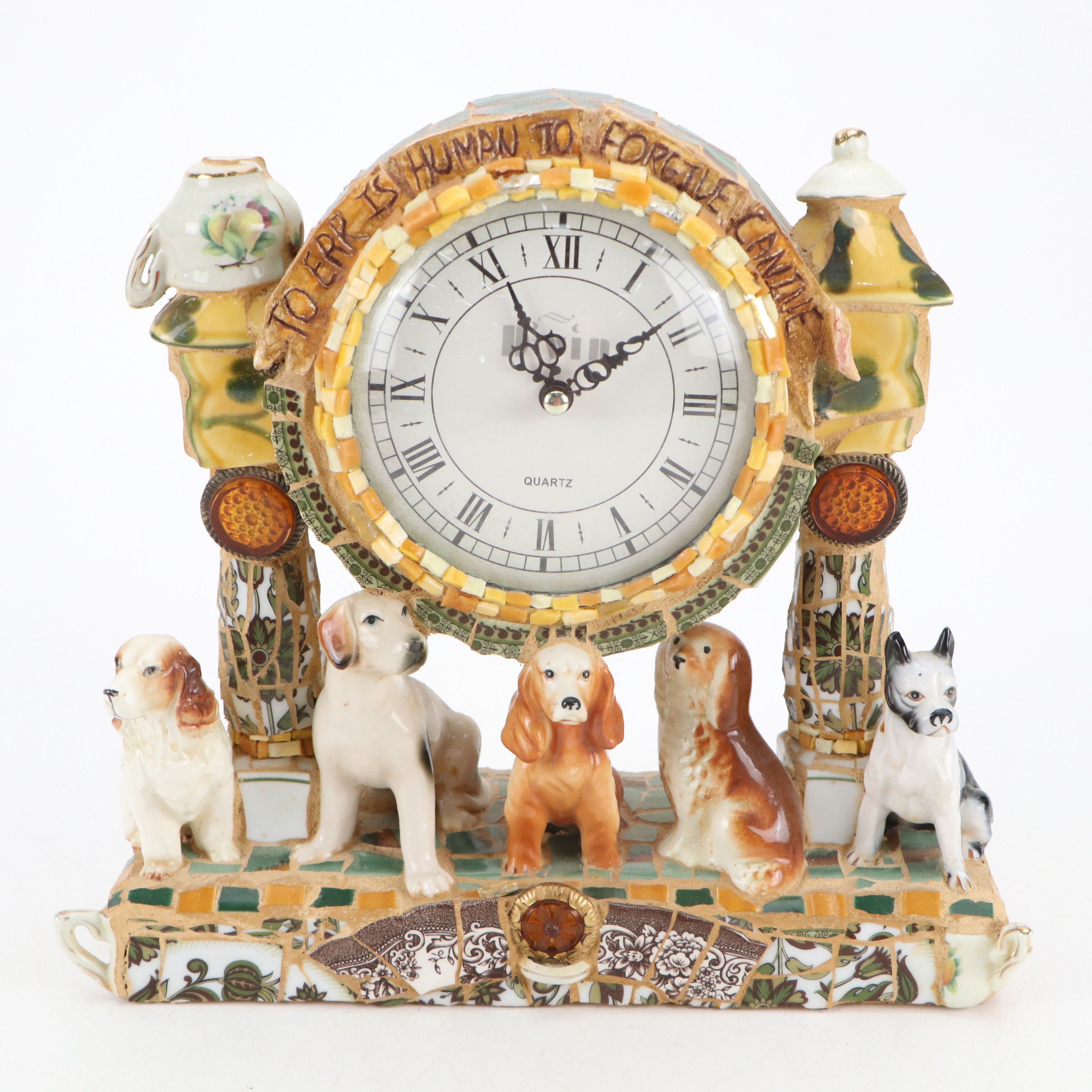 Artisan Ceramic Mosaic Assemblage Dog Mantel Clock with Other Beagle Figurine