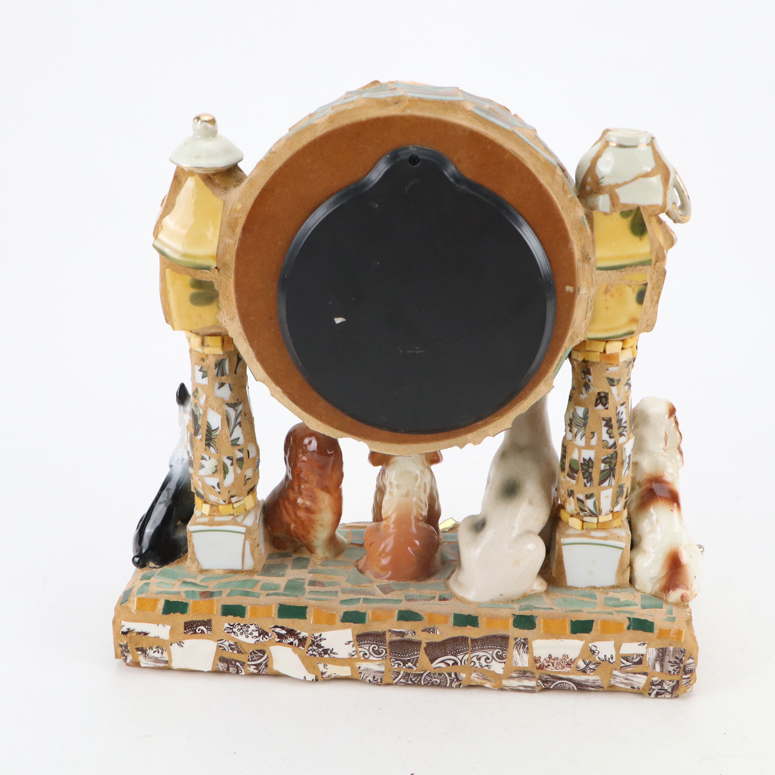 Artisan Ceramic Mosaic Assemblage Dog Mantel Clock with Other Beagle Figurine