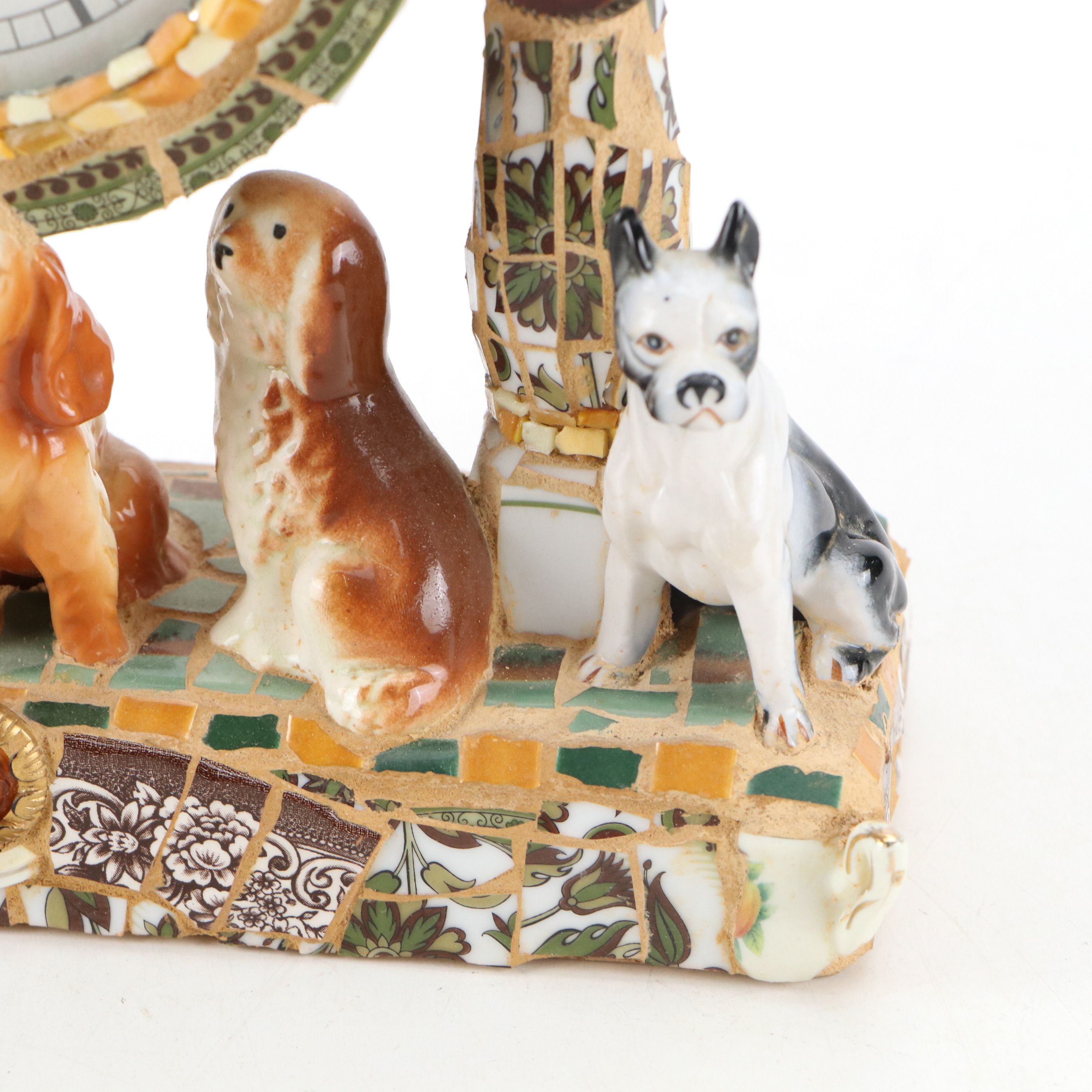 Artisan Ceramic Mosaic Assemblage Dog Mantel Clock with Other Beagle Figurine