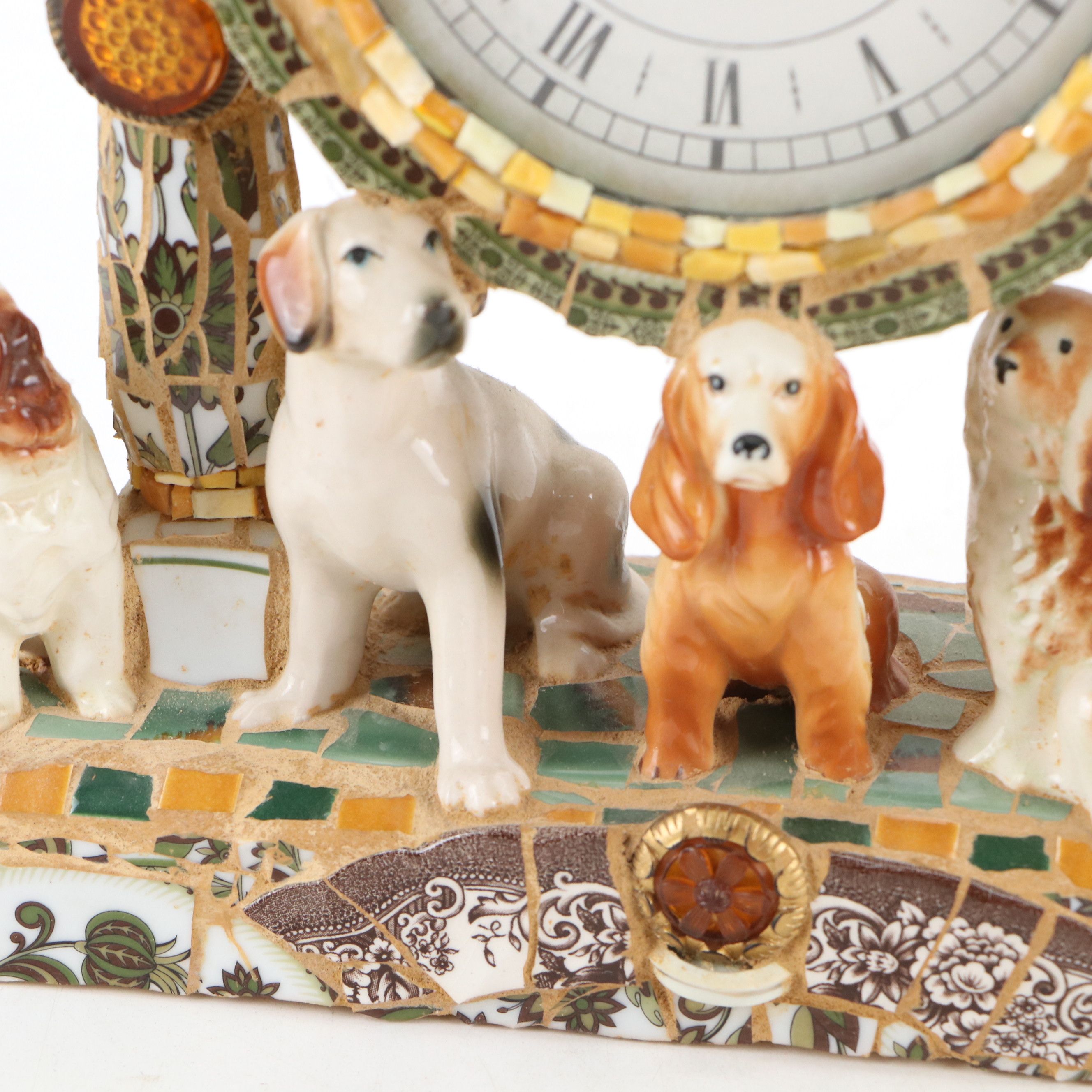 Artisan Ceramic Mosaic Assemblage Dog Mantel Clock with Other Beagle Figurine