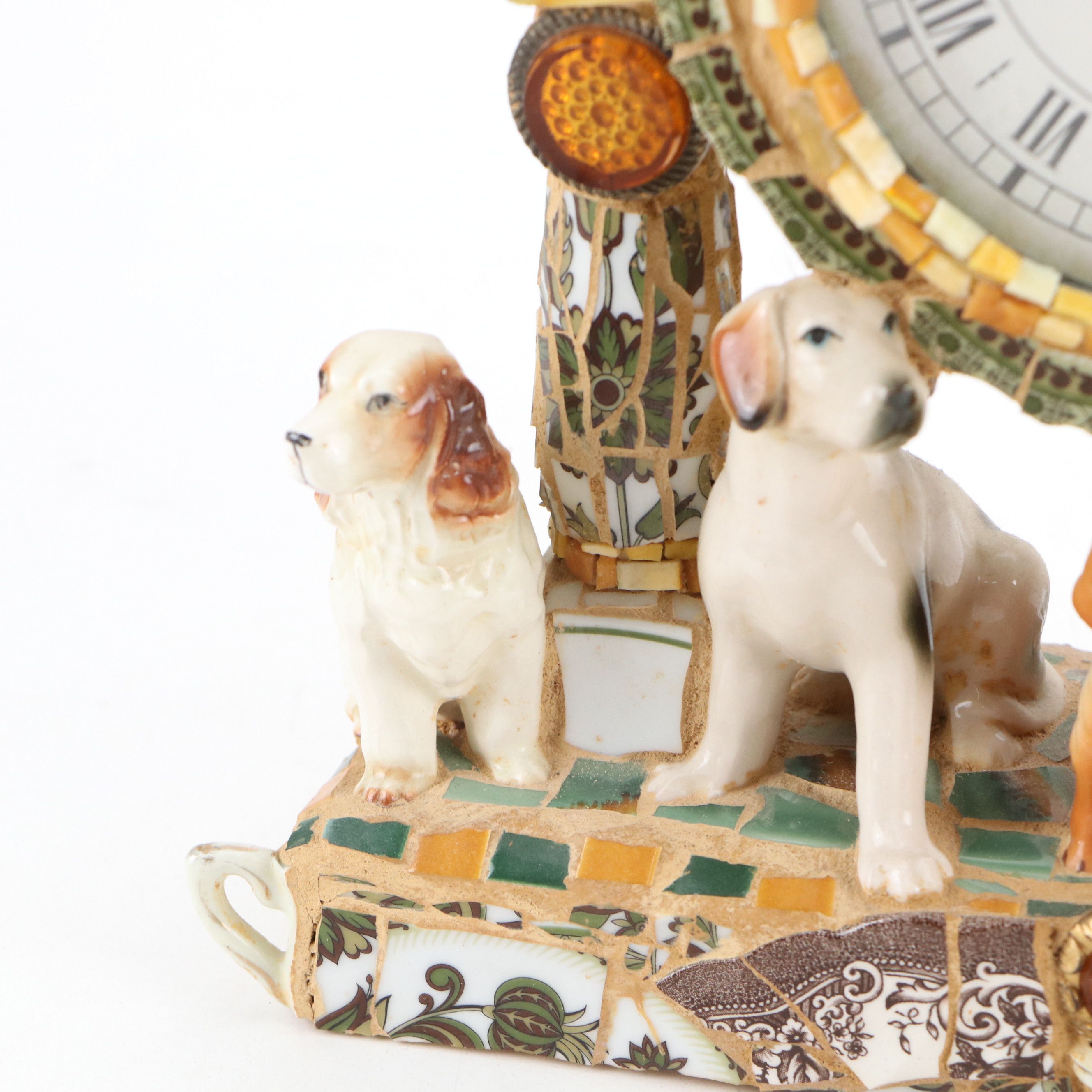Artisan Ceramic Mosaic Assemblage Dog Mantel Clock with Other Beagle Figurine