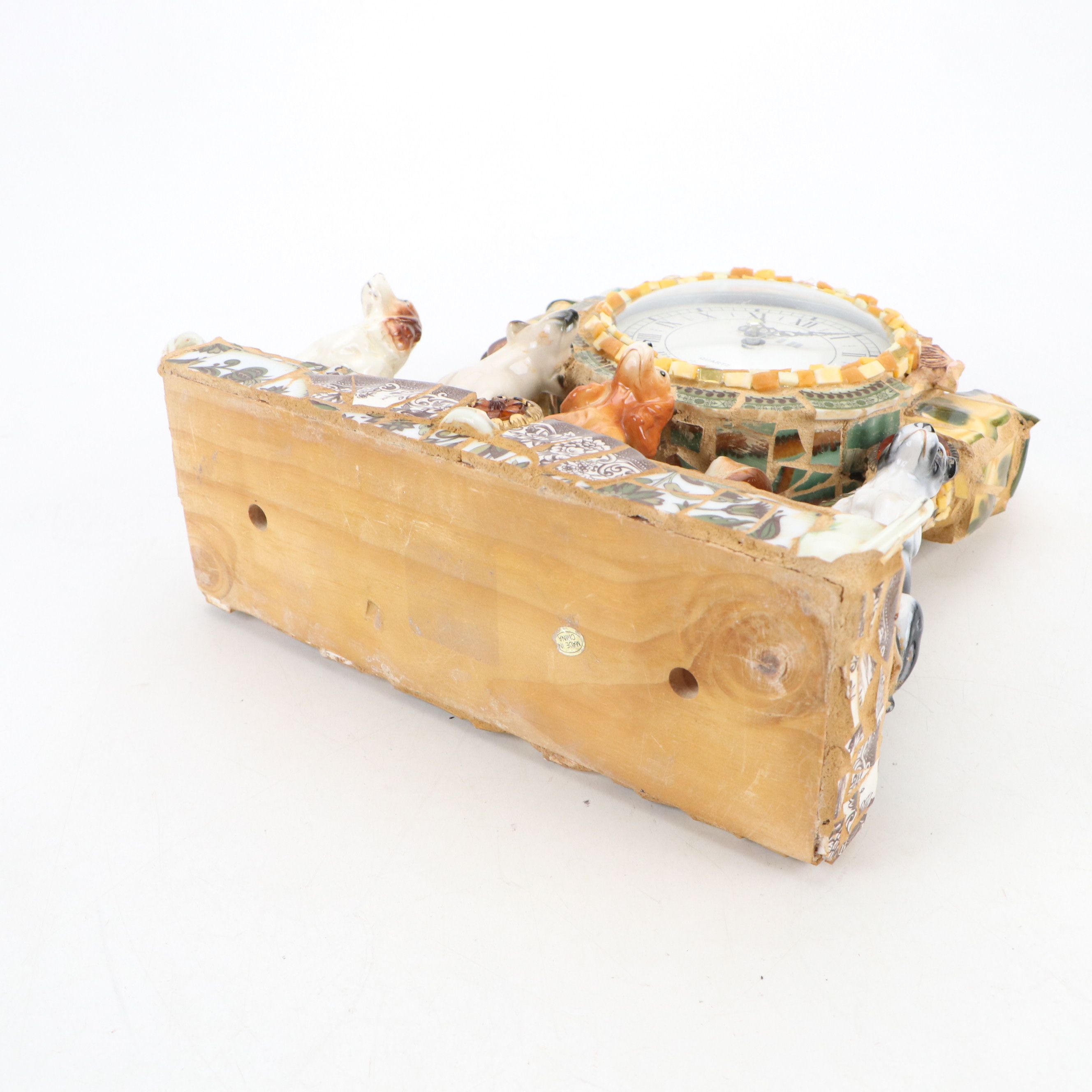 Artisan Ceramic Mosaic Assemblage Dog Mantel Clock with Other Beagle Figurine