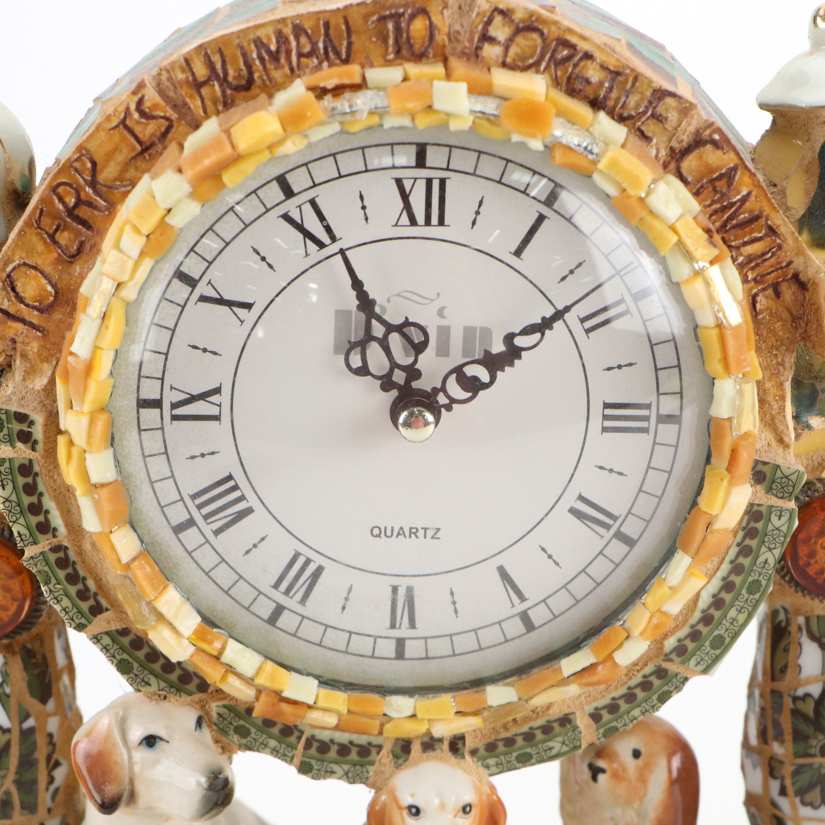 Artisan Ceramic Mosaic Assemblage Dog Mantel Clock with Other Beagle Figurine