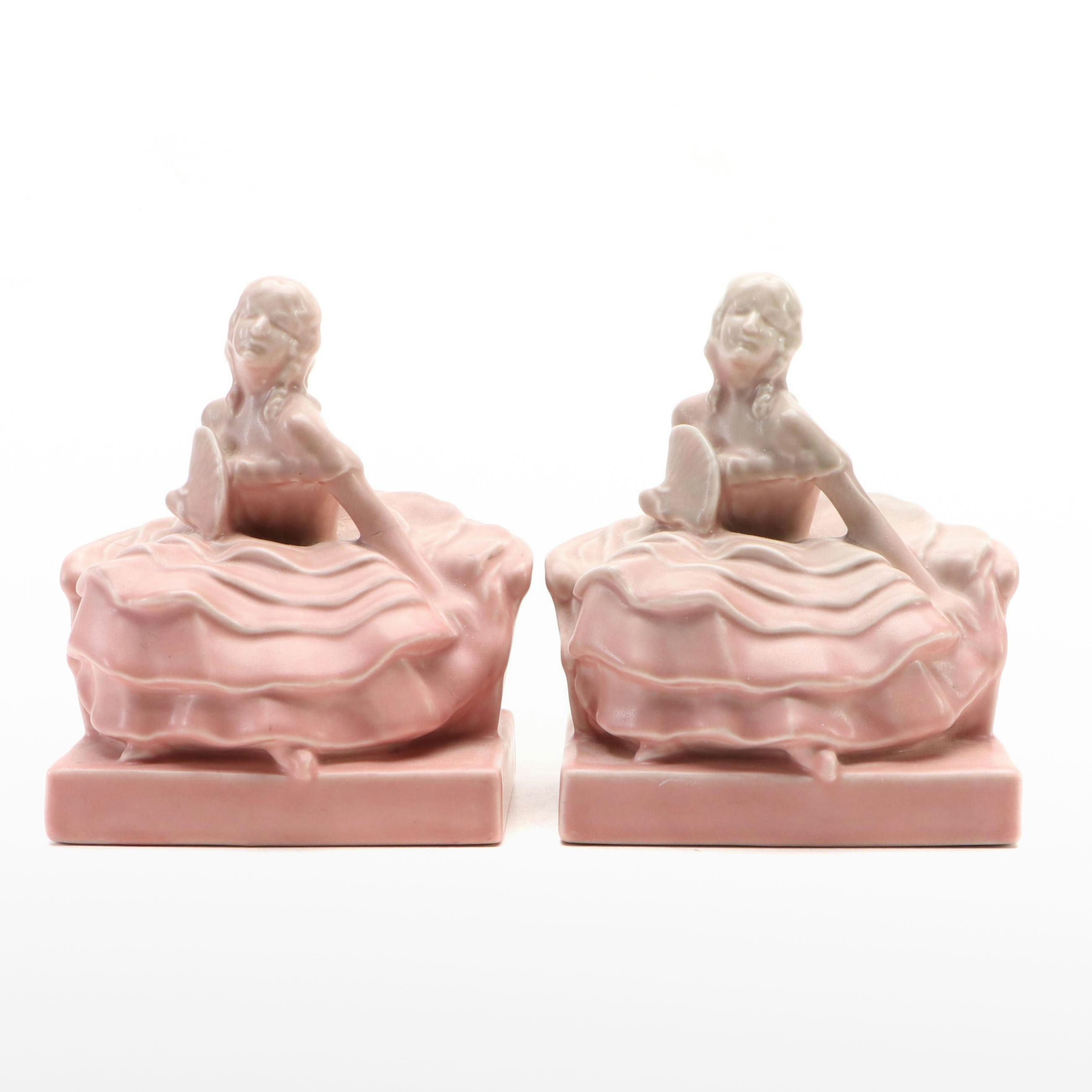 Rookwood Pottery Matte Pink Ceramic Colonial Lady Bookends, 1932