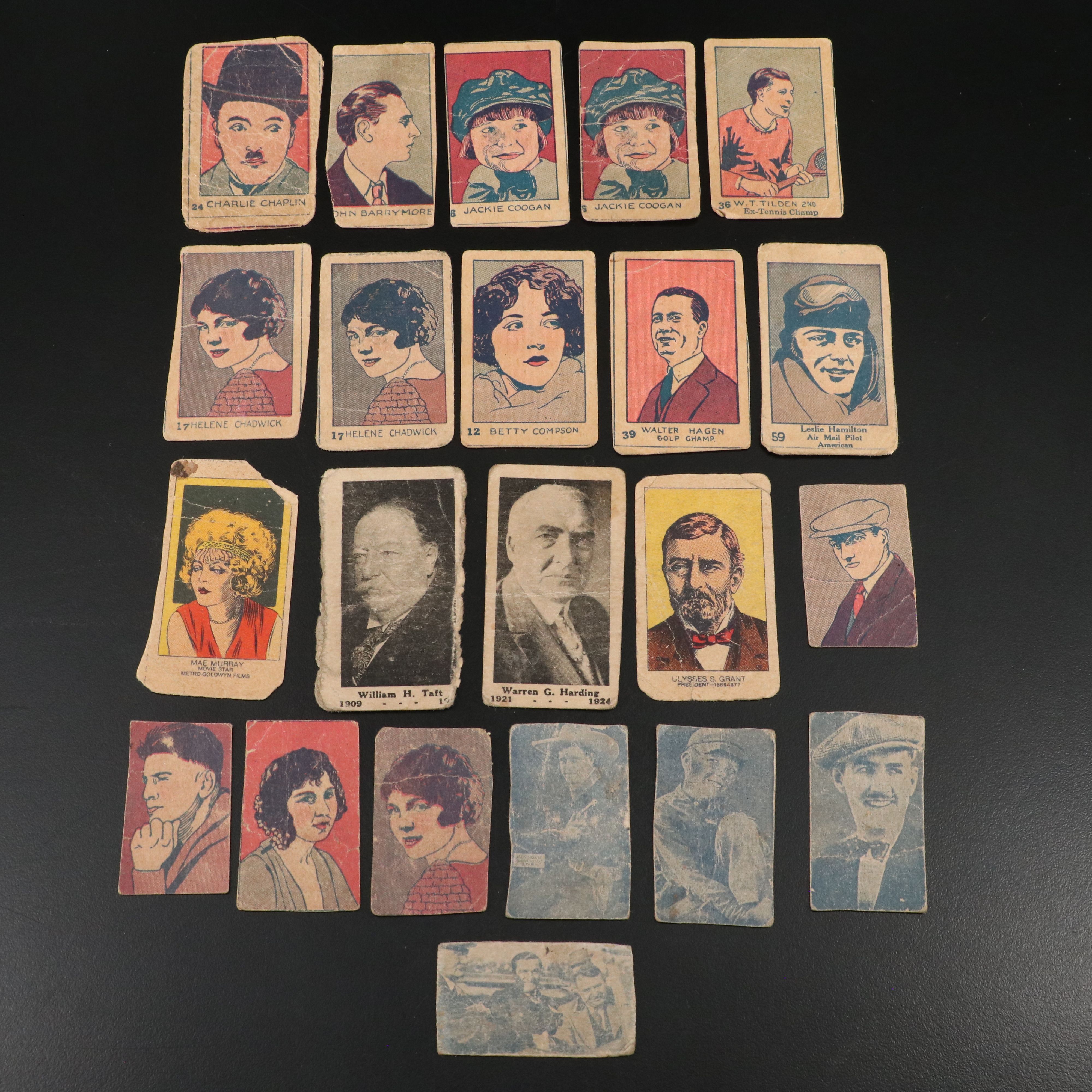 Twenty-Two W512 Trading Cards, Silent Film Stars, Including Chaplin, 1926
