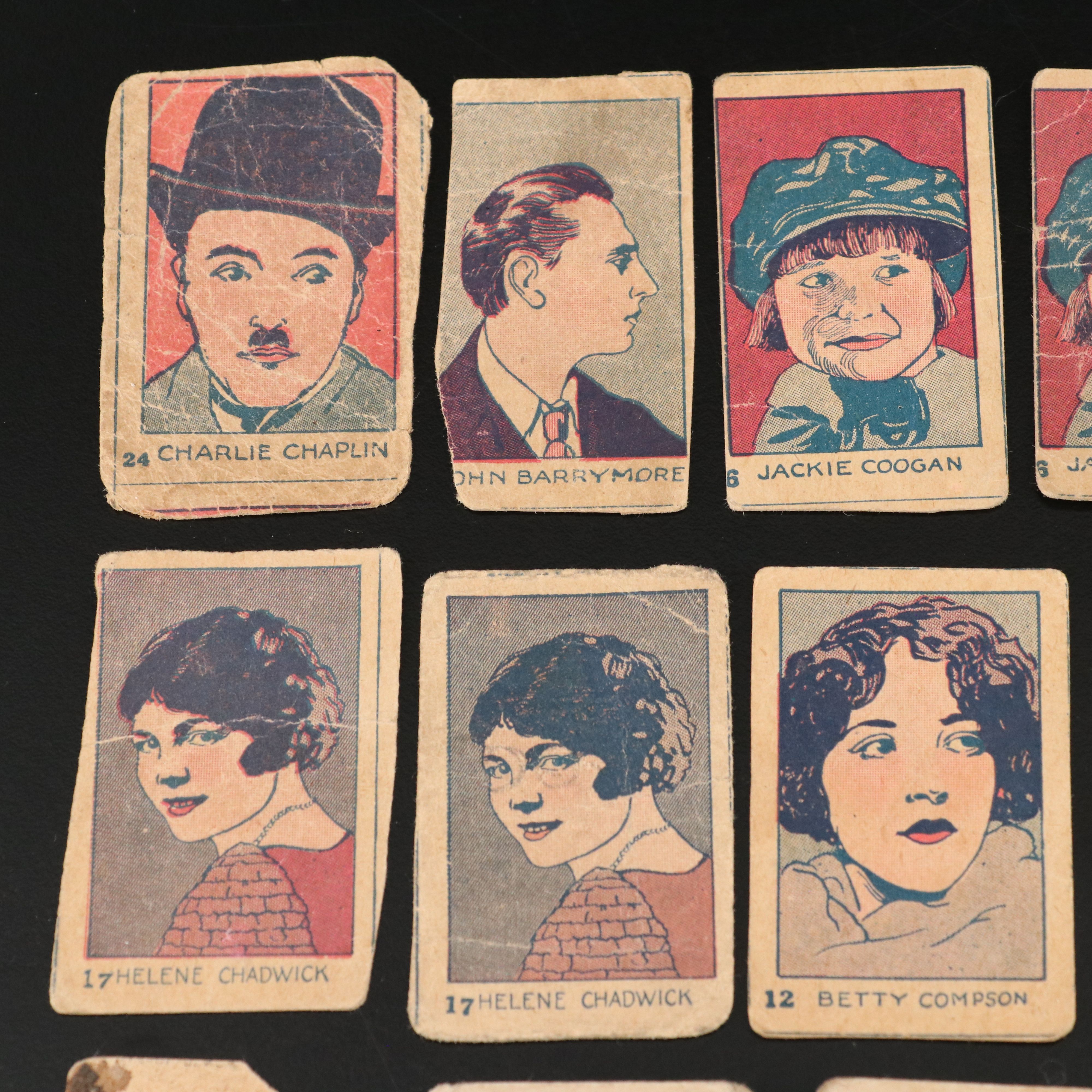 Twenty-Two W512 Trading Cards, Silent Film Stars, Including Chaplin, 1926