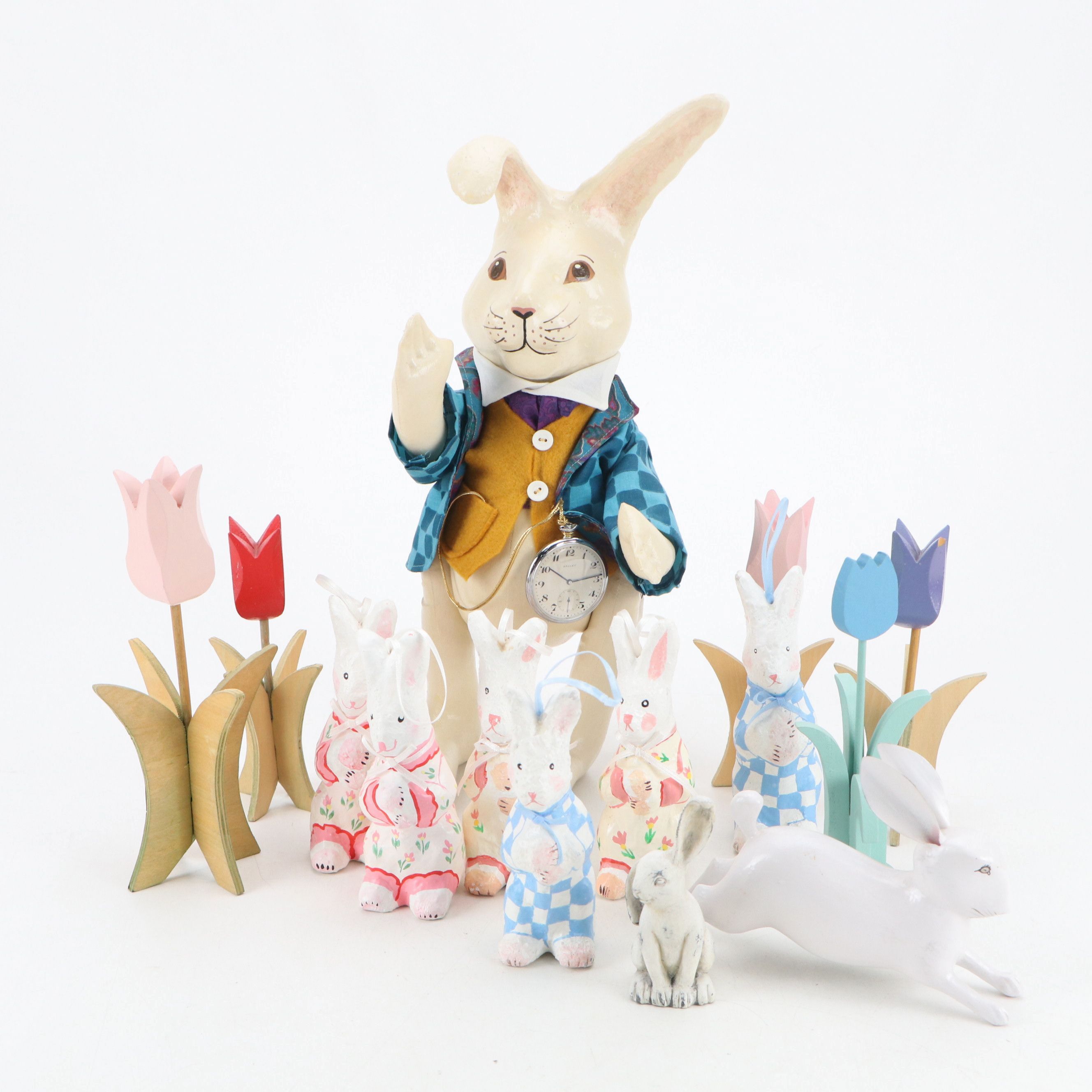 "Alice in Wonderland" White Rabbit with Other Rabbit and Tulip Figurines