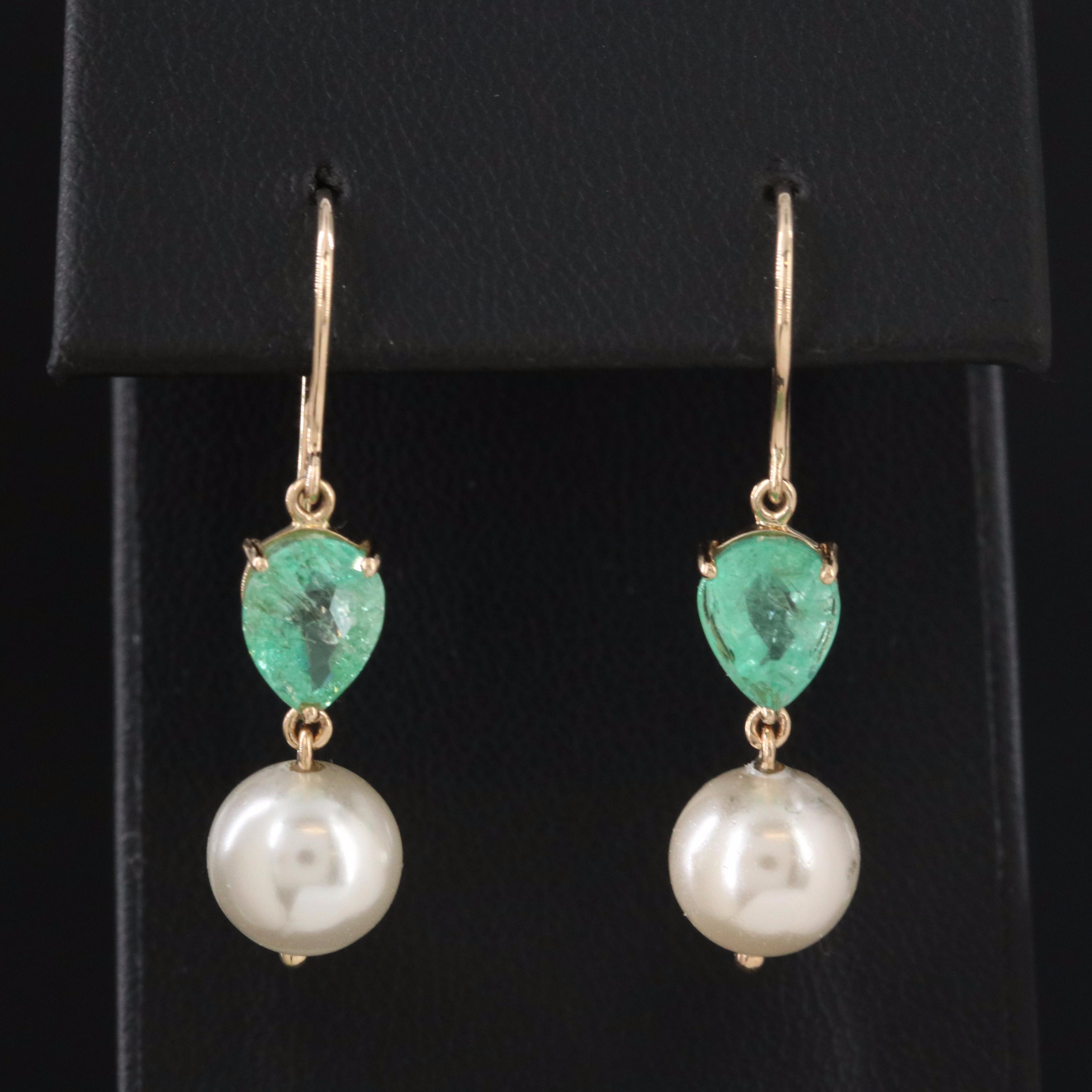 14K Faux Pearl and Emerald Earrings