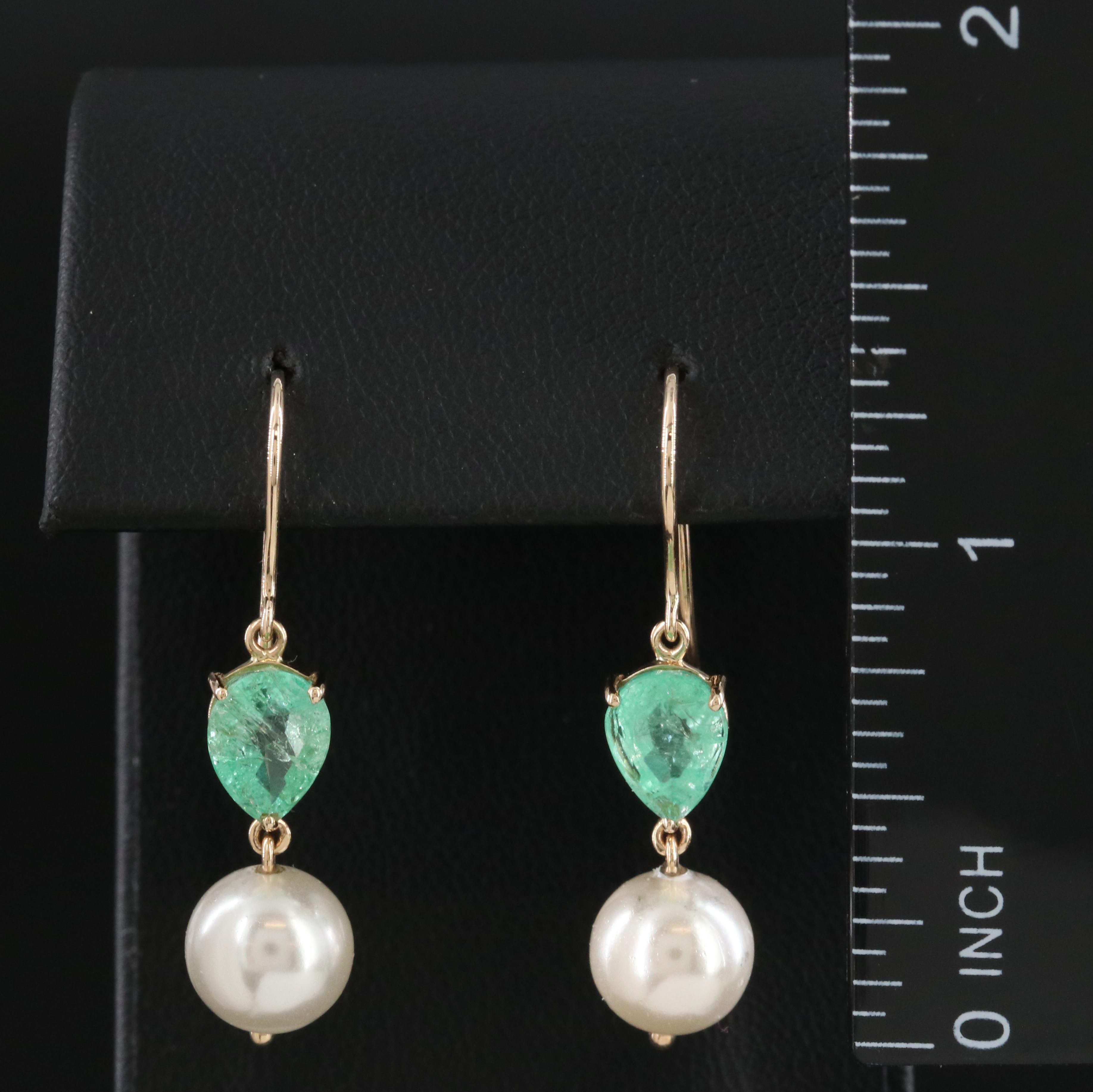 14K Faux Pearl and Emerald Earrings